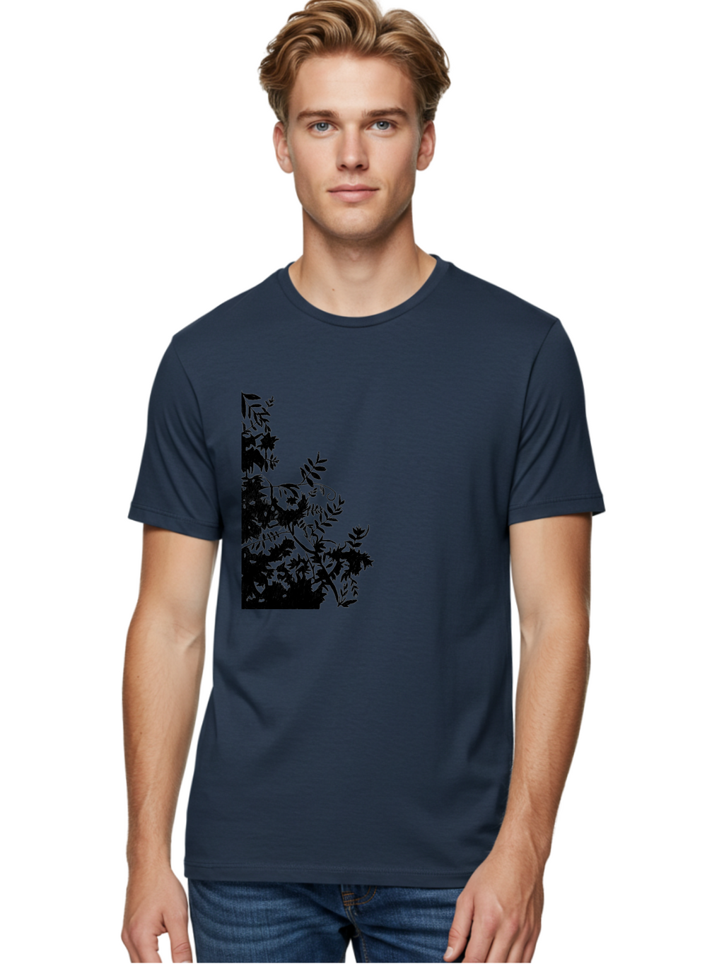 Floral-Silhouette Men'S Graphic Tee, 100% Cotton, Comfortable Casual Summer Wear, Machine Washable, Floral Silhouette, Black Leaves, Twisted Stems, Floral Arrangement, Botanical Design, Delicate Patterns, Intricate Details, Elegant Graphics Aac308