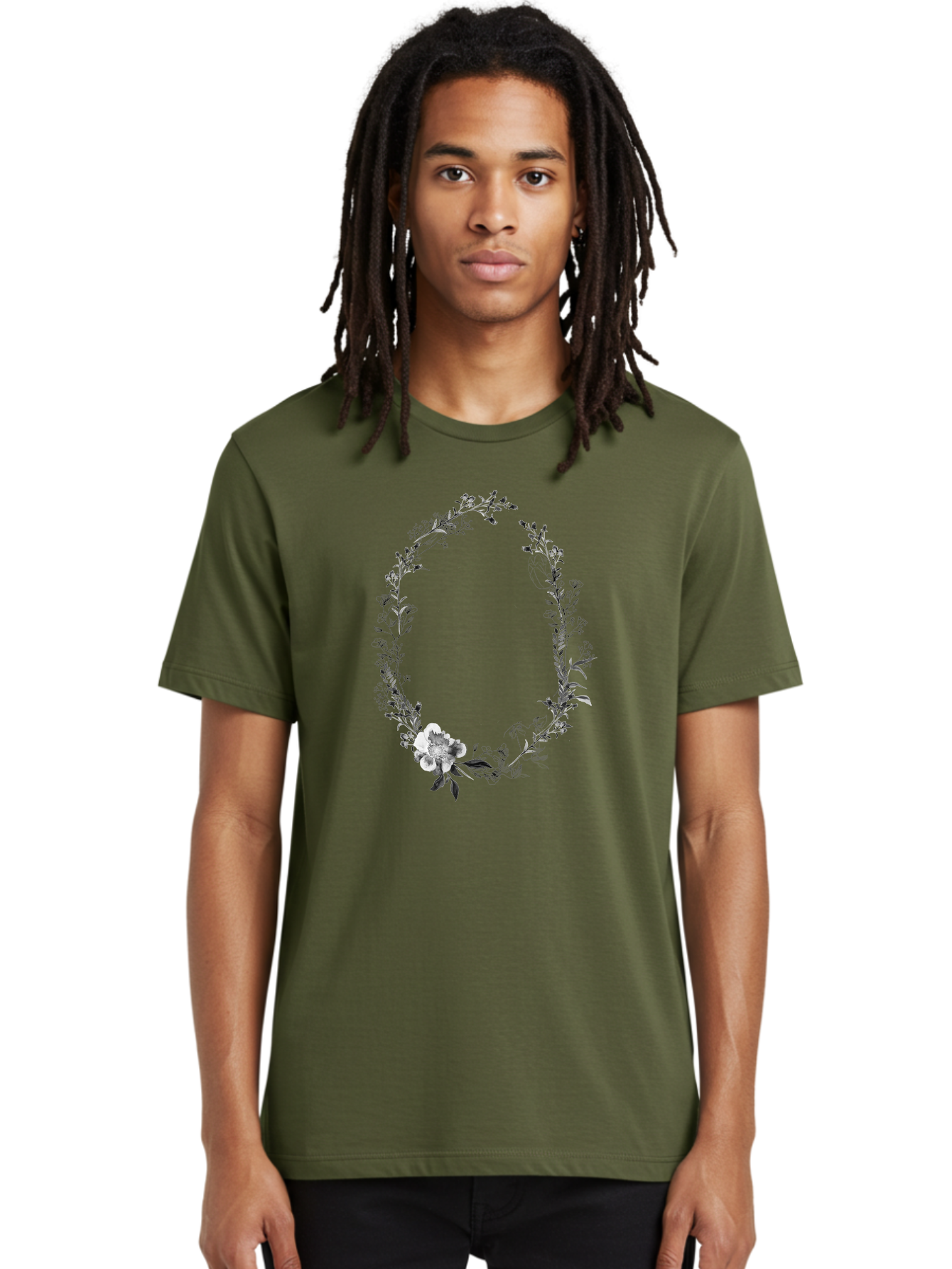 Floral-Wreath-1 Men'S Graphic Tee, 100% Cotton, Comfortable Casual Summer Wear, Machine Washable, Floral Wreath, Circular Frame, Wildflowers, Botanical Illustration, Delicate Flowers, Elegant Design, Black And White Flowers, Vintage Style Aac309