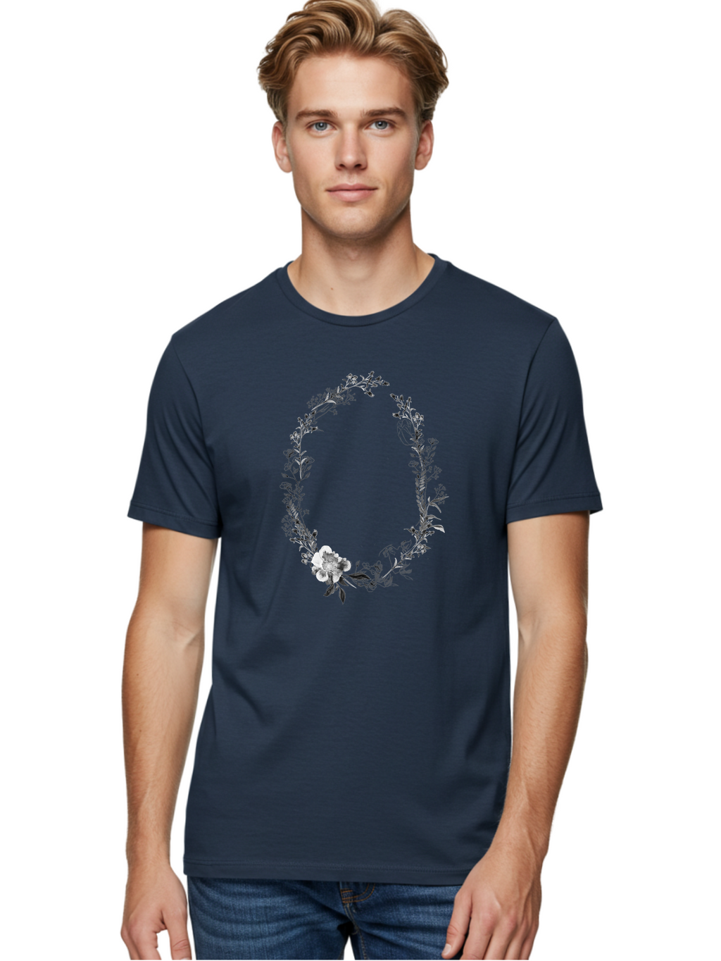 Floral-Wreath-1 Men'S Graphic Tee, 100% Cotton, Comfortable Casual Summer Wear, Machine Washable, Floral Wreath, Circular Frame, Wildflowers, Botanical Illustration, Delicate Flowers, Elegant Design, Black And White Flowers, Vintage Style Aac309