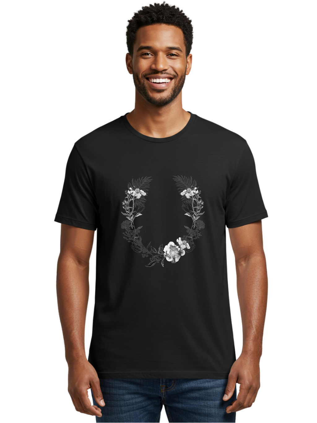 Floral-Wreath-2 Men'S Graphic Tee, 100% Cotton, Comfortable Casual Summer Wear, Machine Washable, Floral Wreath, Flowers And Leaves, Black And White Illustration, Delicate Botanicals, Floral Arrangement, Vintage Style, Elegant Design, Aac310