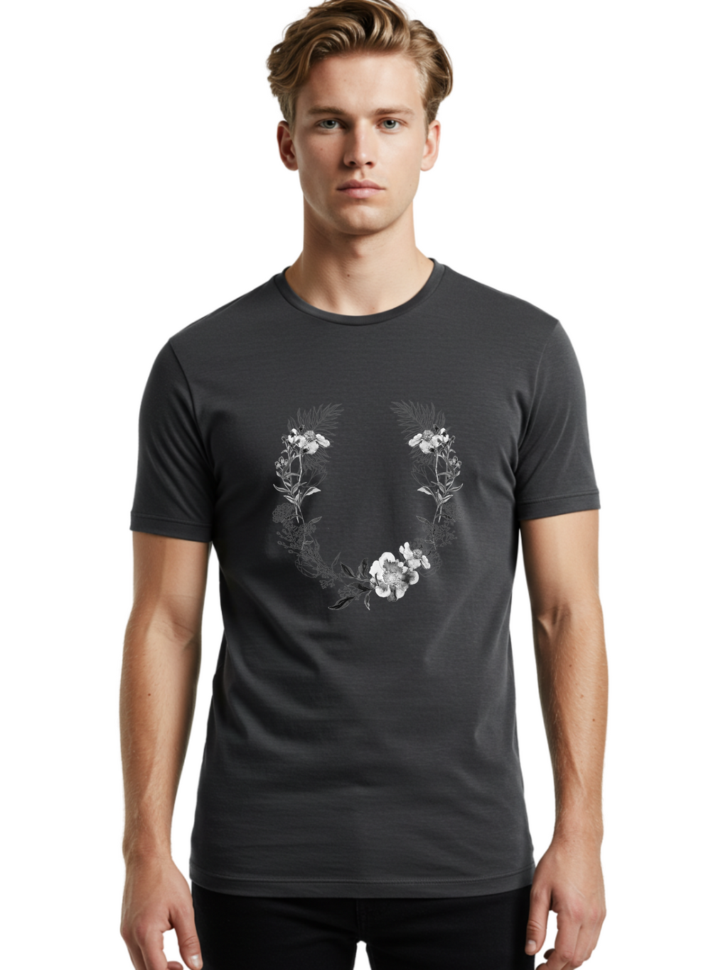 Floral-Wreath-2 Men'S Graphic Tee, 100% Cotton, Comfortable Casual Summer Wear, Machine Washable, Floral Wreath, Flowers And Leaves, Black And White Illustration, Delicate Botanicals, Floral Arrangement, Vintage Style, Elegant Design, Aac310
