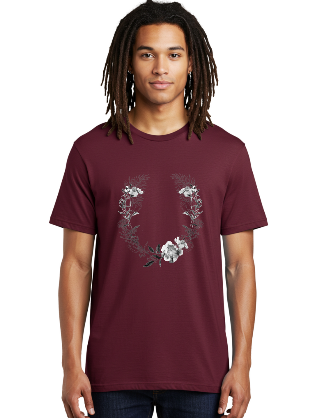Floral-Wreath-2 Men'S Graphic Tee, 100% Cotton, Comfortable Casual Summer Wear, Machine Washable, Floral Wreath, Flowers And Leaves, Black And White Illustration, Delicate Botanicals, Floral Arrangement, Vintage Style, Elegant Design, Aac310