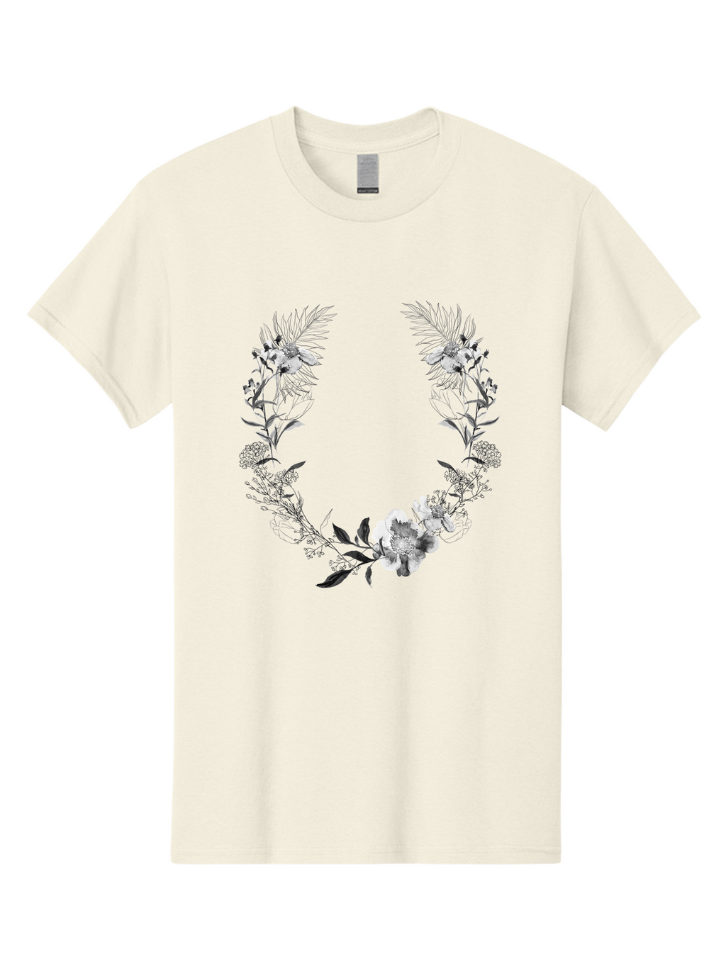 Floral-Wreath-2 Men'S Graphic Tee, 100% Cotton, Comfortable Casual Summer Wear, Machine Washable, Floral Wreath, Flowers And Leaves, Black And White Illustration, Delicate Botanicals, Floral Arrangement, Vintage Style, Elegant Design, Aac310