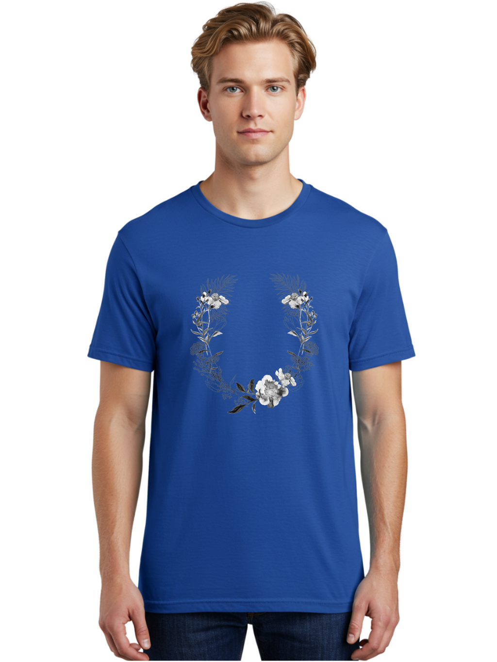 Floral-Wreath-2 Men'S Graphic Tee, 100% Cotton, Comfortable Casual Summer Wear, Machine Washable, Floral Wreath, Flowers And Leaves, Black And White Illustration, Delicate Botanicals, Floral Arrangement, Vintage Style, Elegant Design, Aac310