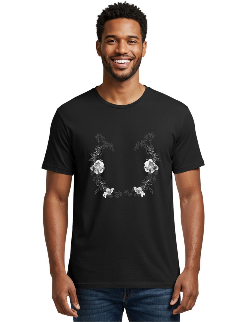 Floral Men'S Graphic Tee, 100% Cotton, Comfortable Casual Summer Wear, Machine Washable, Floral Arch, White Flowers, Black Leaves, Elegant Design, Floral Arrangement, Minimalist Style, Delicate Patterns, Soft Colors, Whimsical Touch, Aac312