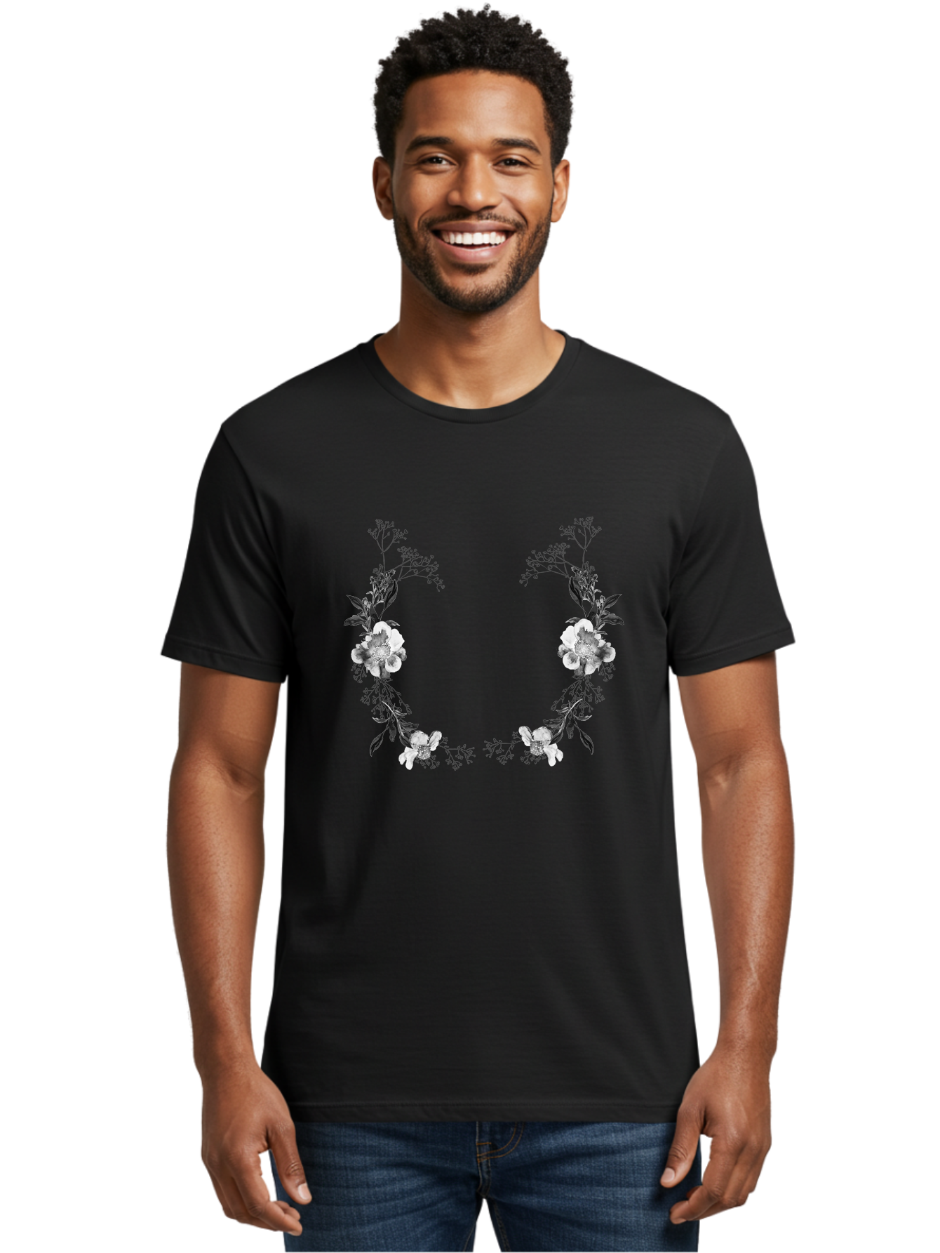 Floral Men'S Graphic Tee, 100% Cotton, Comfortable Casual Summer Wear, Machine Washable, Floral Arch, White Flowers, Black Leaves, Elegant Design, Floral Arrangement, Minimalist Style, Delicate Patterns, Soft Colors, Whimsical Touch, Aac312