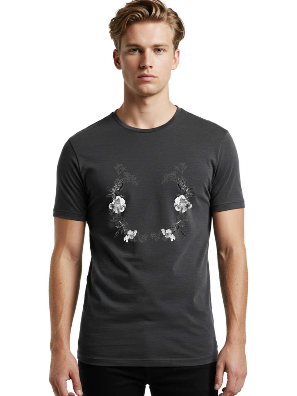 Floral Men'S Graphic Tee, 100% Cotton, Comfortable Casual Summer Wear, Machine Washable, Floral Arch, White Flowers, Black Leaves, Elegant Design, Floral Arrangement, Minimalist Style, Delicate Patterns, Soft Colors, Whimsical Touch, Aac312