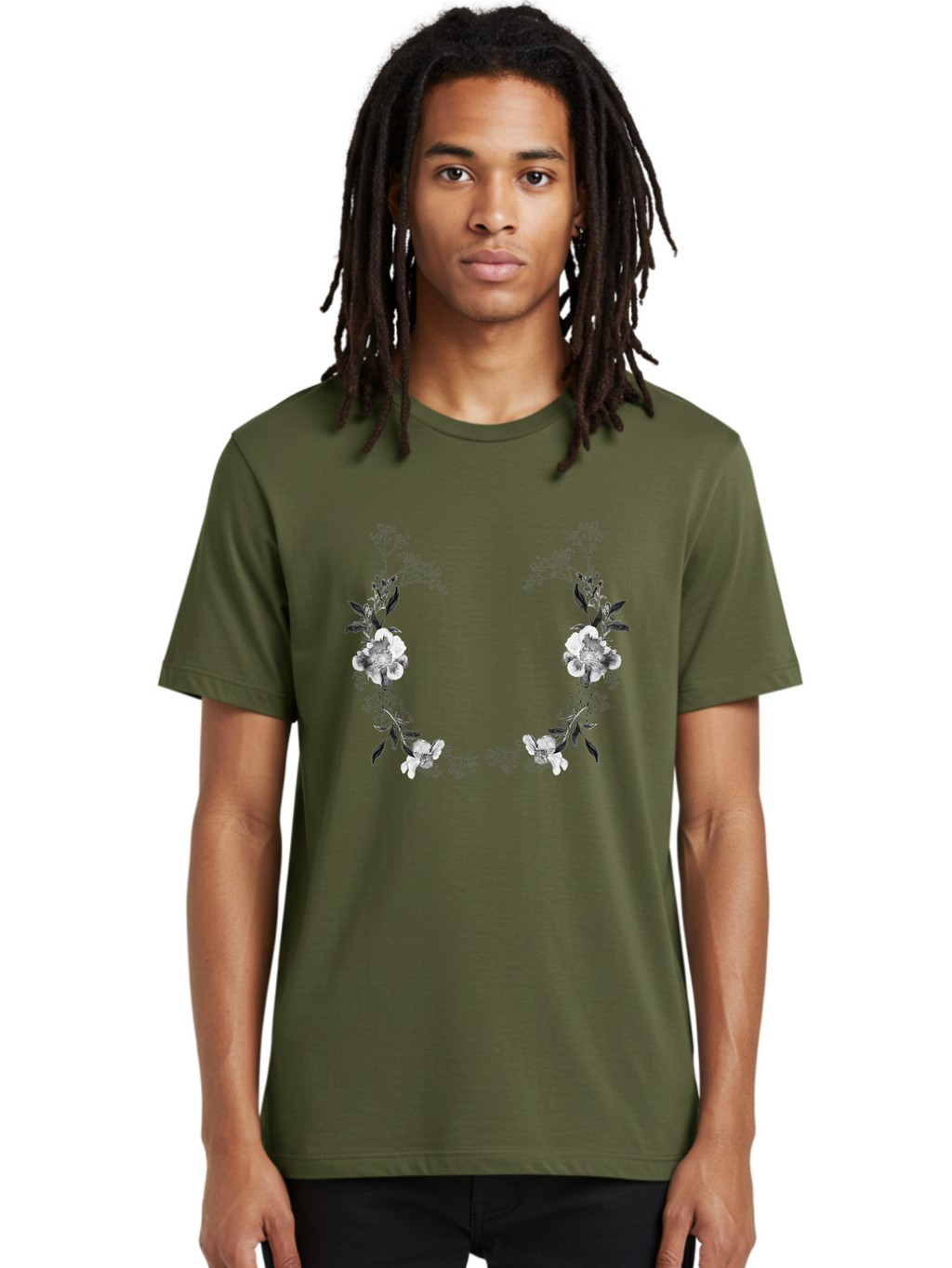 Floral Men'S Graphic Tee, 100% Cotton, Comfortable Casual Summer Wear, Machine Washable, Floral Arch, White Flowers, Black Leaves, Elegant Design, Floral Arrangement, Minimalist Style, Delicate Patterns, Soft Colors, Whimsical Touch, Aac312
