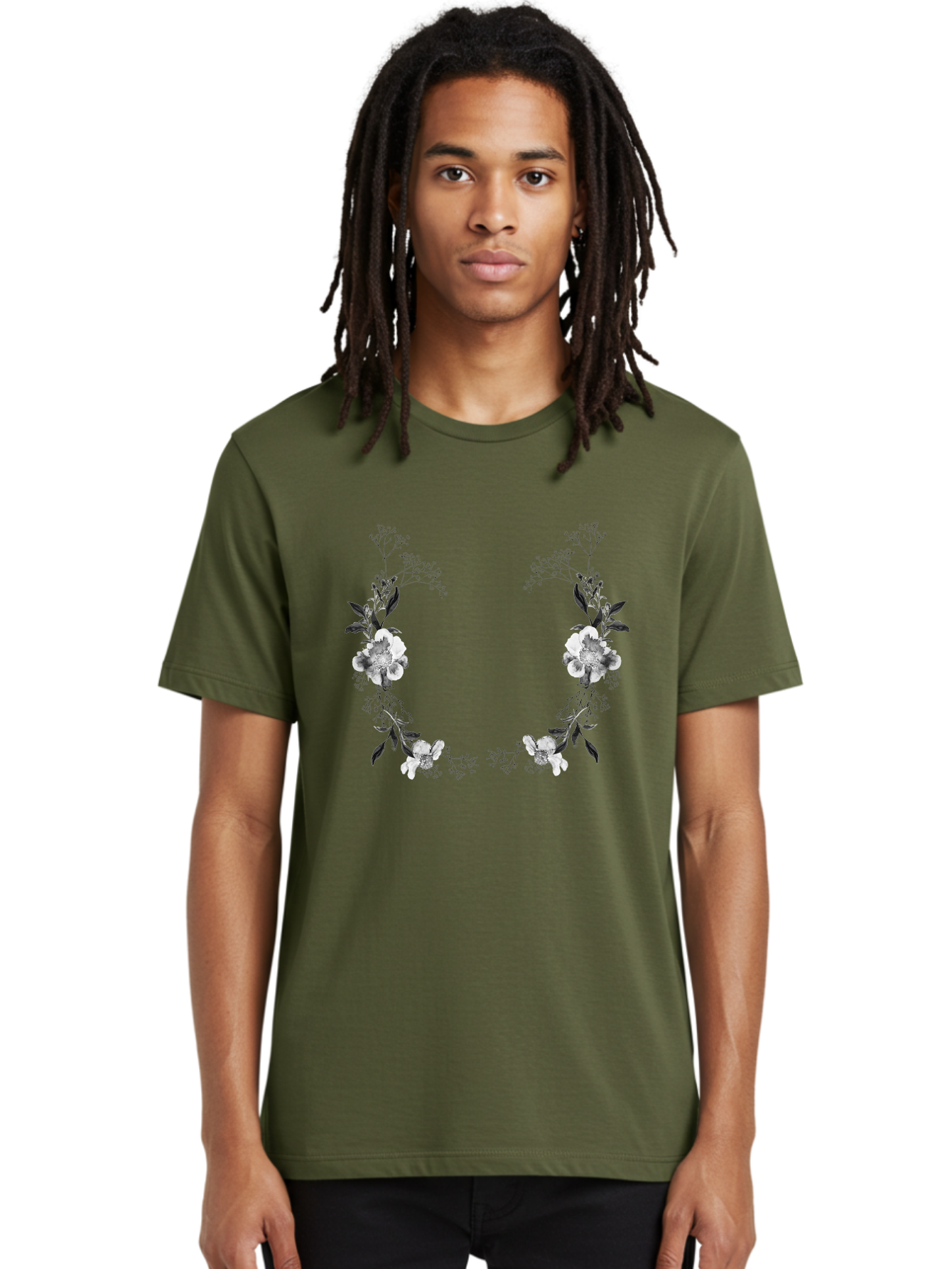 Floral Men'S Graphic Tee, 100% Cotton, Comfortable Casual Summer Wear, Machine Washable, Floral Arch, White Flowers, Black Leaves, Elegant Design, Floral Arrangement, Minimalist Style, Delicate Patterns, Soft Colors, Whimsical Touch, Aac312
