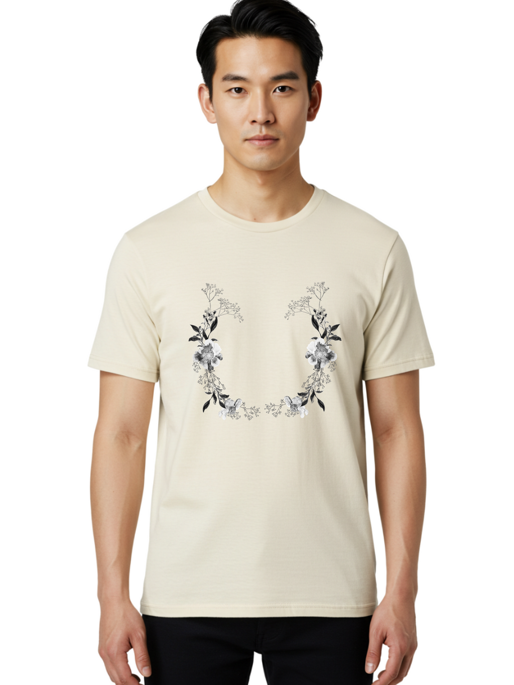 Floral Men'S Graphic Tee, 100% Cotton, Comfortable Casual Summer Wear, Machine Washable, Floral Arch, White Flowers, Black Leaves, Elegant Design, Floral Arrangement, Minimalist Style, Delicate Patterns, Soft Colors, Whimsical Touch, Aac312