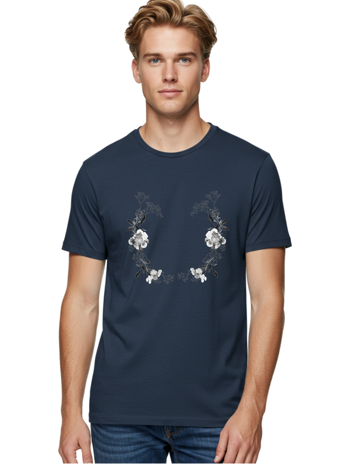Floral Men'S Graphic Tee, 100% Cotton, Comfortable Casual Summer Wear, Machine Washable, Floral Arch, White Flowers, Black Leaves, Elegant Design, Floral Arrangement, Minimalist Style, Delicate Patterns, Soft Colors, Whimsical Touch, Aac312