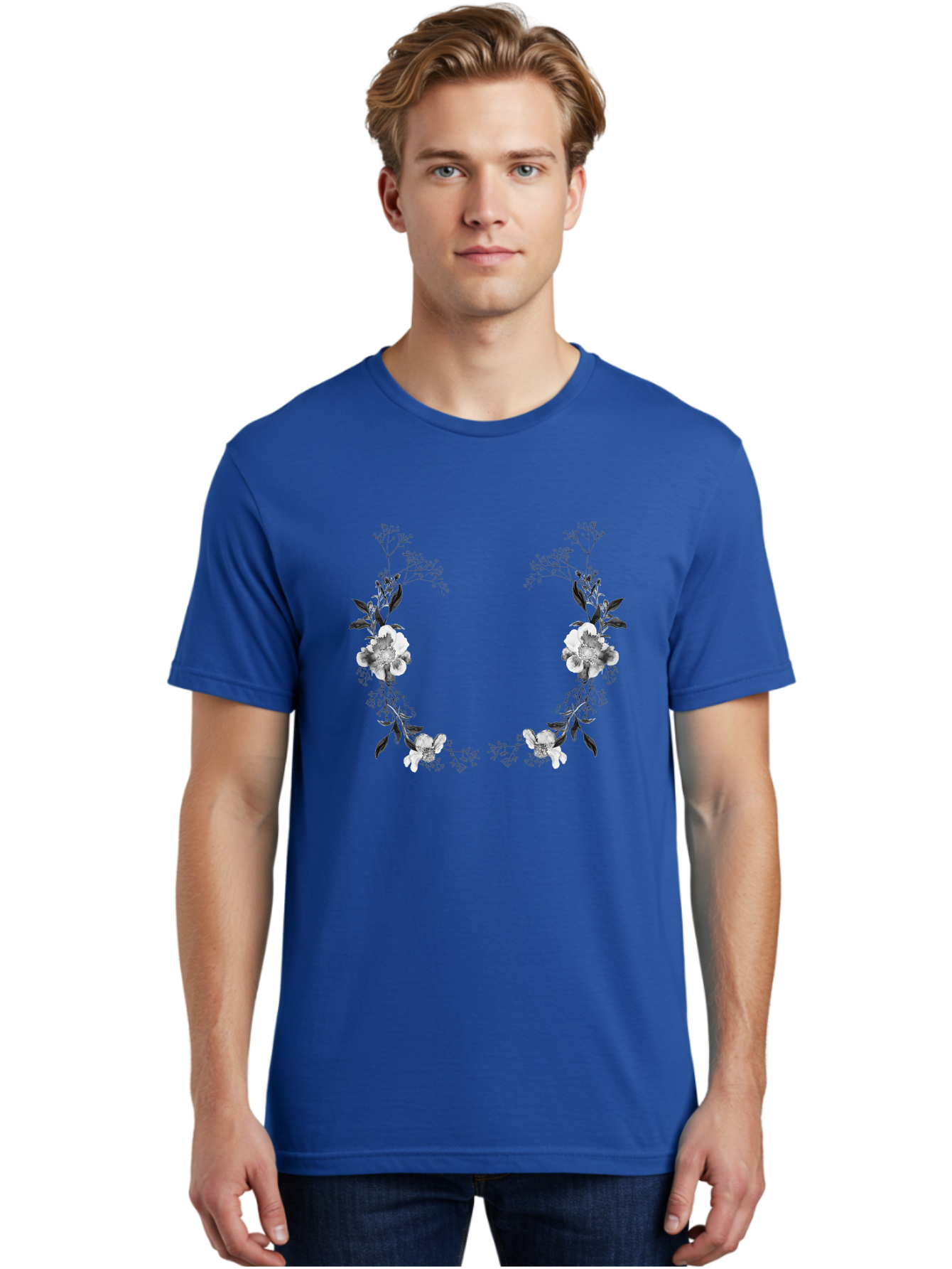 Floral Men'S Graphic Tee, 100% Cotton, Comfortable Casual Summer Wear, Machine Washable, Floral Arch, White Flowers, Black Leaves, Elegant Design, Floral Arrangement, Minimalist Style, Delicate Patterns, Soft Colors, Whimsical Touch, Aac312