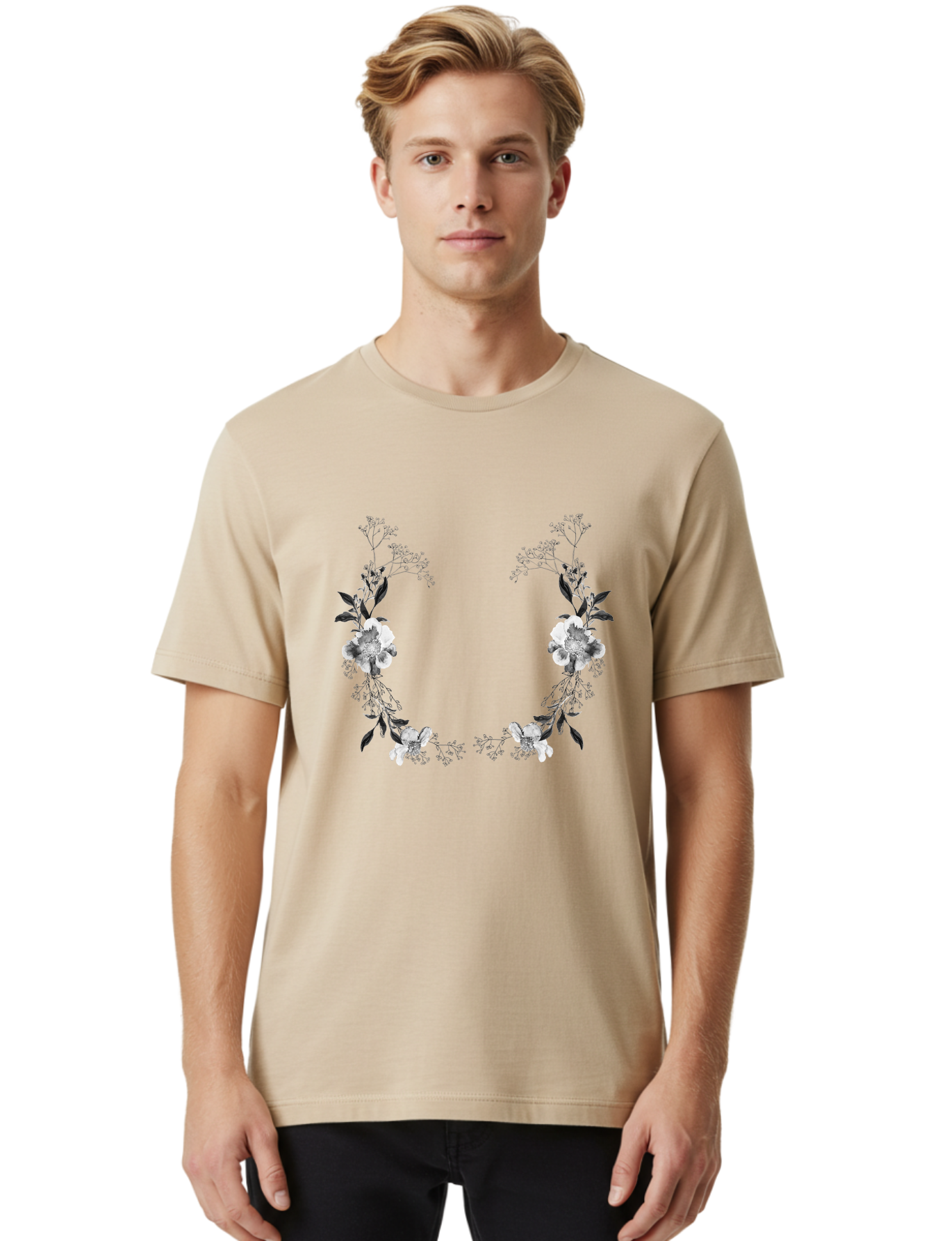 Floral Men'S Graphic Tee, 100% Cotton, Comfortable Casual Summer Wear, Machine Washable, Floral Arch, White Flowers, Black Leaves, Elegant Design, Floral Arrangement, Minimalist Style, Delicate Patterns, Soft Colors, Whimsical Touch, Aac312