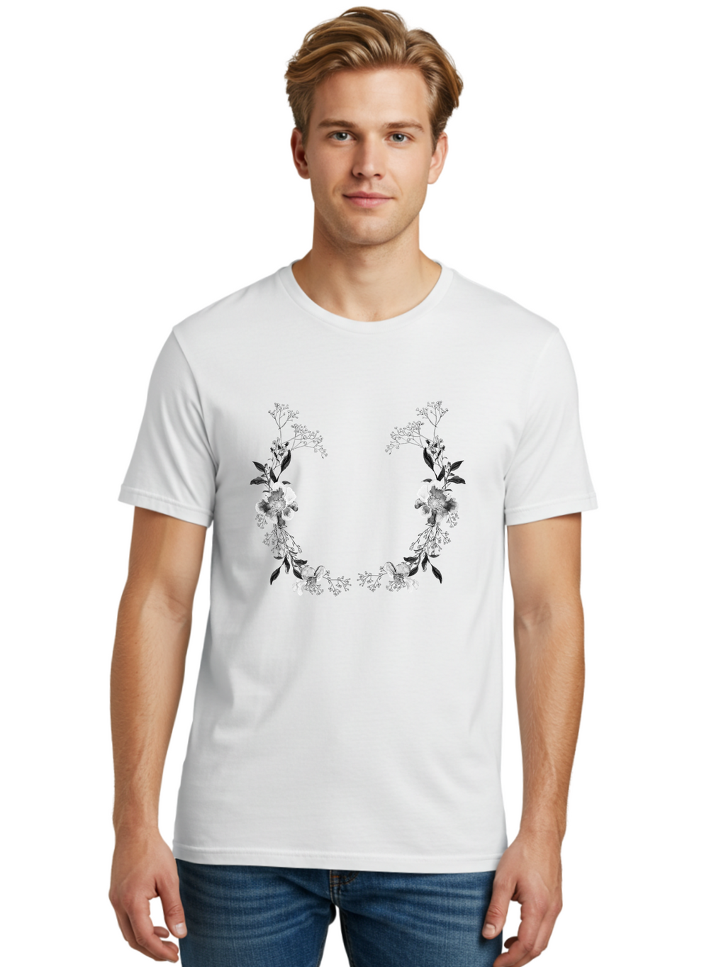 Floral Men'S Graphic Tee, 100% Cotton, Comfortable Casual Summer Wear, Machine Washable, Floral Arch, White Flowers, Black Leaves, Elegant Design, Floral Arrangement, Minimalist Style, Delicate Patterns, Soft Colors, Whimsical Touch, Aac312