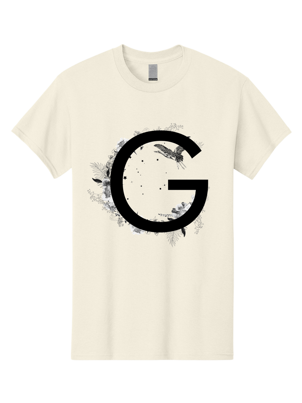 G Men'S Graphic Tee, 100% Cotton, Comfortable Casual Summer Wear, Machine Washable, Large Letter G, Floral Wreath, Black And White Flowers, Foliage, Bird In Flight, Splattered Paint, Modern Typography, Bold Font, Artistic Design, Aac318