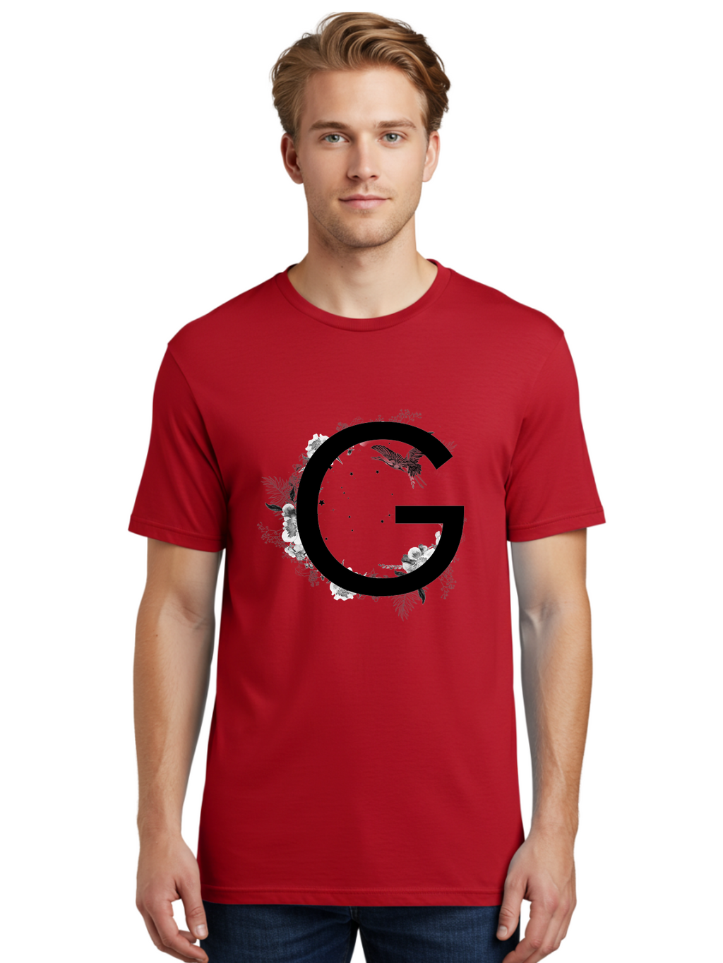 G Men'S Graphic Tee, 100% Cotton, Comfortable Casual Summer Wear, Machine Washable, Large Letter G, Floral Wreath, Black And White Flowers, Foliage, Bird In Flight, Splattered Paint, Modern Typography, Bold Font, Artistic Design, Aac318