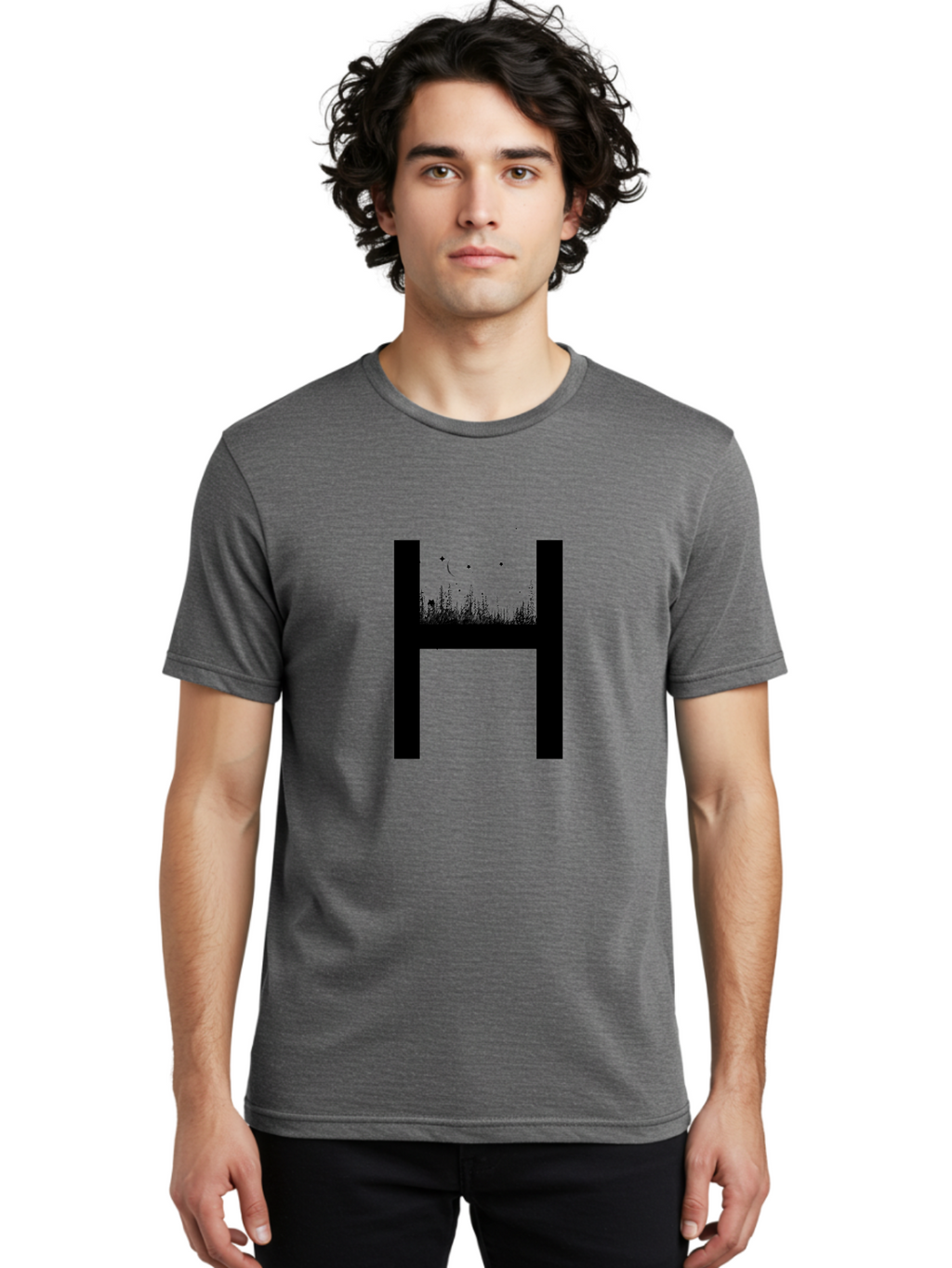 H Men'S Graphic Tee, 100% Cotton, Comfortable Casual Summer Wear, Machine Washable, Forest Landscape, Moonlit Night, Starry Sky, Mystical Atmosphere, Silhouette Art, Typography Design, Nighttime Scenery Aac319