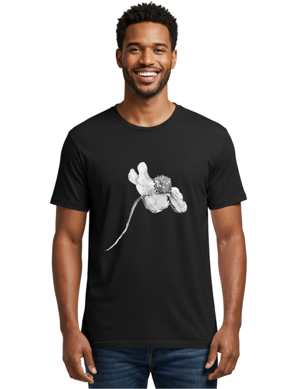 Hand-Drawn-Mouse Men'S Graphic Tee, 100% Cotton, Comfortable Casual Summer Wear, Machine Washable, White Flower, Minimalist Design, Simple Graphics, Digital Illustration, Flower Graphic, Elegant, Modern Art, Clean Lines, Abstract Flower Aac320