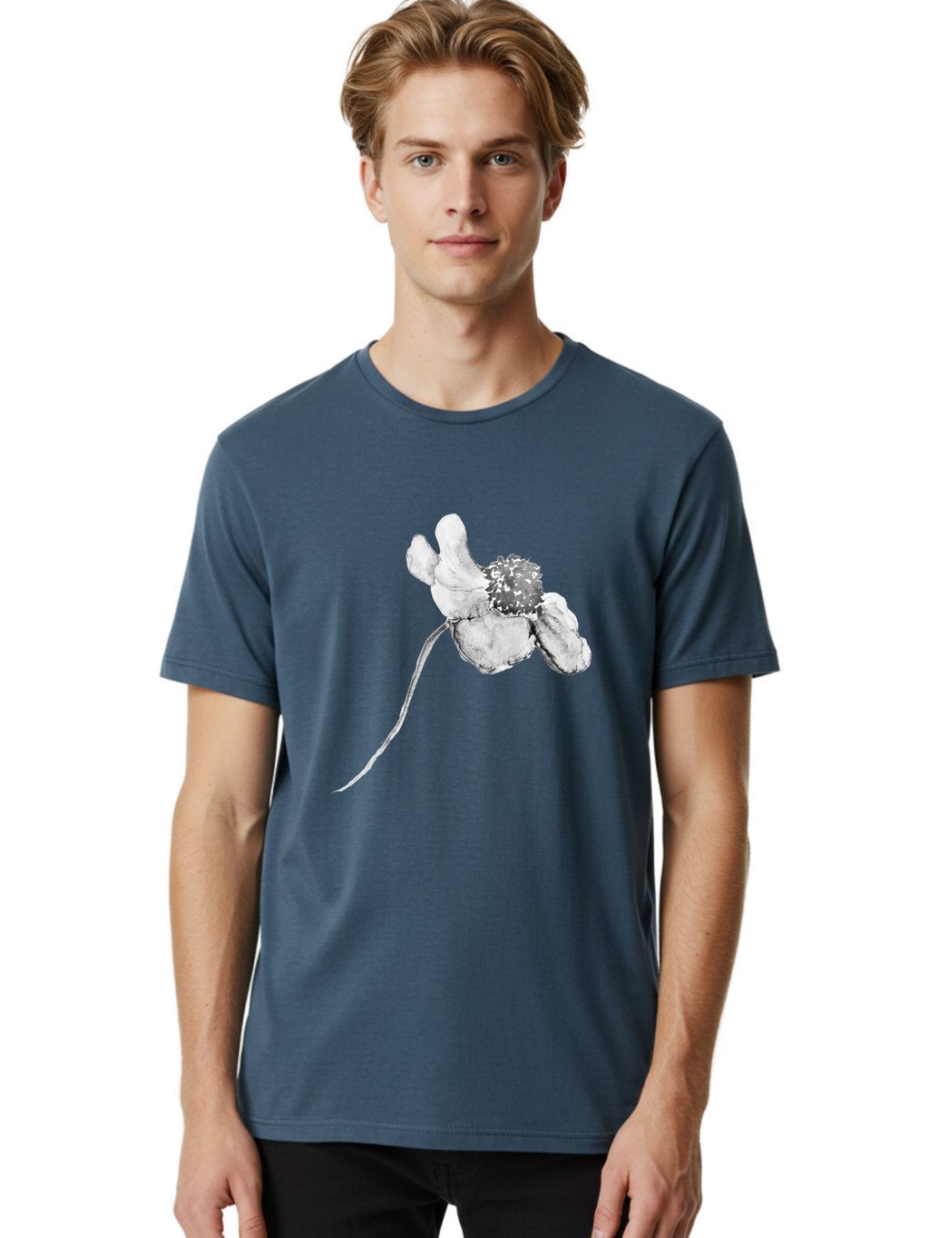 Hand-Drawn-Mouse Men'S Graphic Tee, 100% Cotton, Comfortable Casual Summer Wear, Machine Washable, White Flower, Minimalist Design, Simple Graphics, Digital Illustration, Flower Graphic, Elegant, Modern Art, Clean Lines, Abstract Flower Aac320