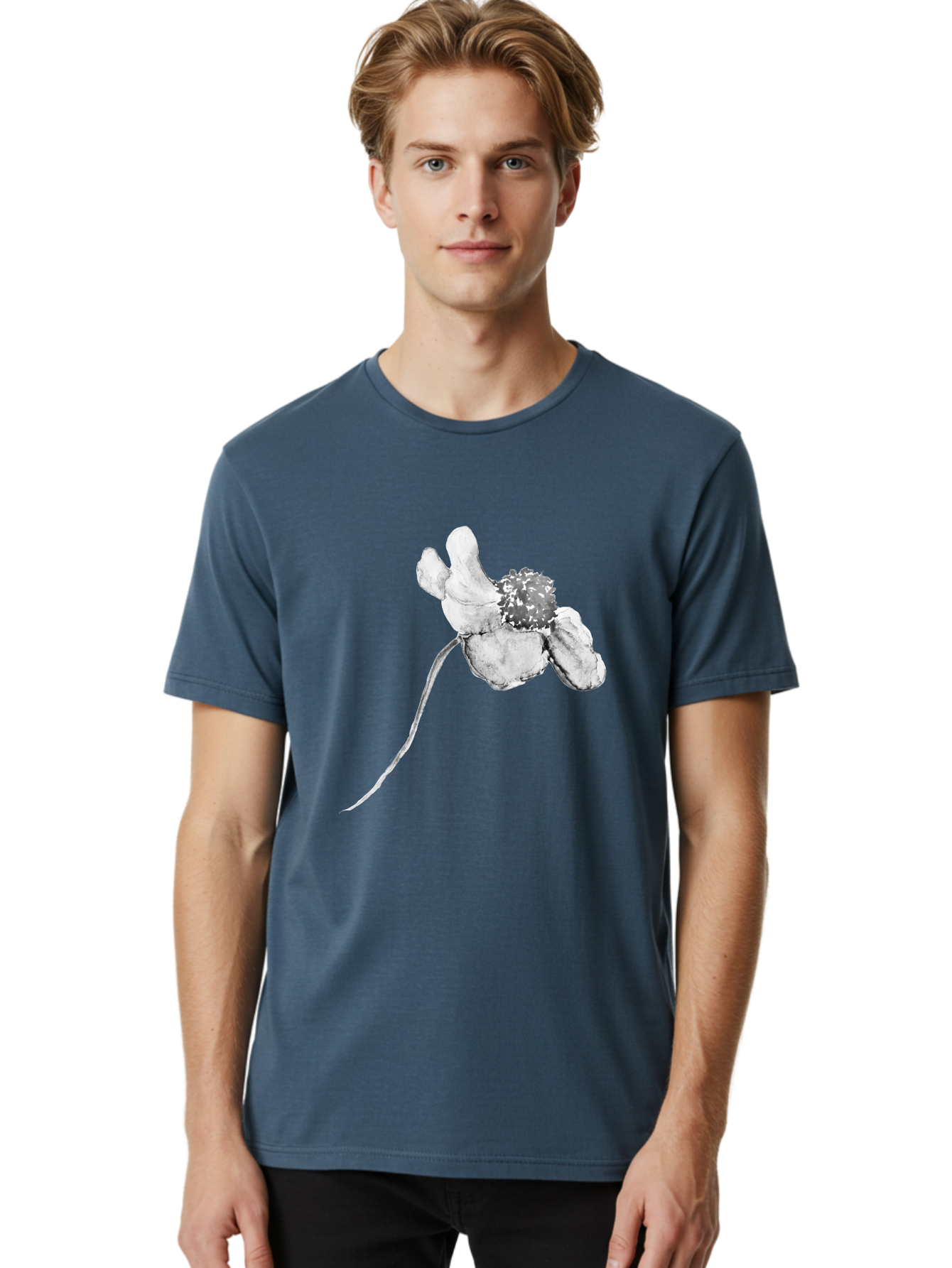 Hand-Drawn-Mouse Men'S Graphic Tee, 100% Cotton, Comfortable Casual Summer Wear, Machine Washable, White Flower, Minimalist Design, Simple Graphics, Digital Illustration, Flower Graphic, Elegant, Modern Art, Clean Lines, Abstract Flower Aac320