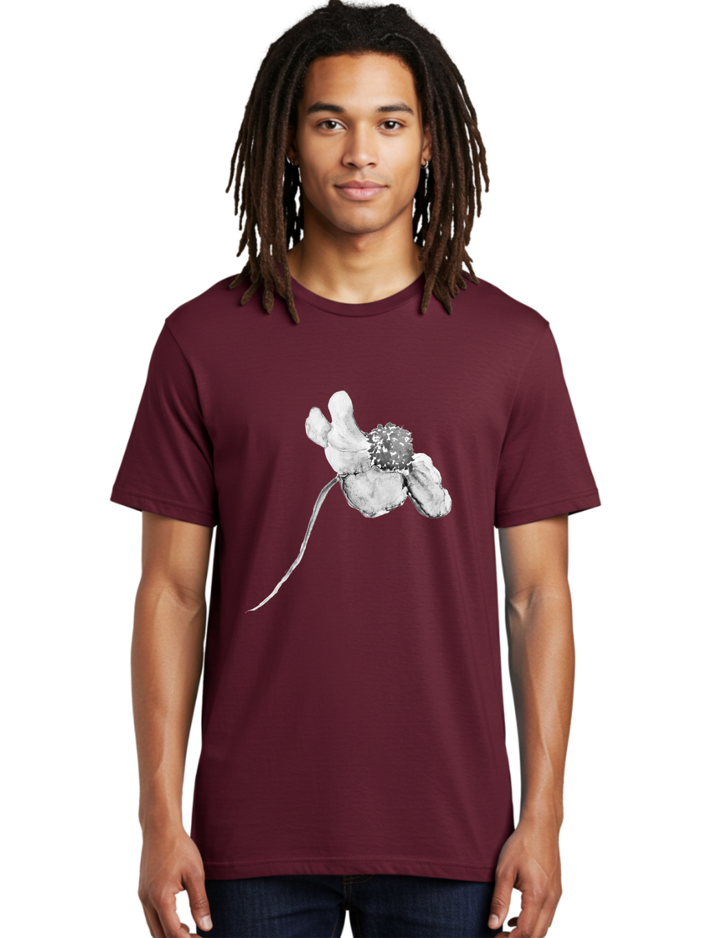 Hand-Drawn-Mouse Men'S Graphic Tee, 100% Cotton, Comfortable Casual Summer Wear, Machine Washable, White Flower, Minimalist Design, Simple Graphics, Digital Illustration, Flower Graphic, Elegant, Modern Art, Clean Lines, Abstract Flower Aac320