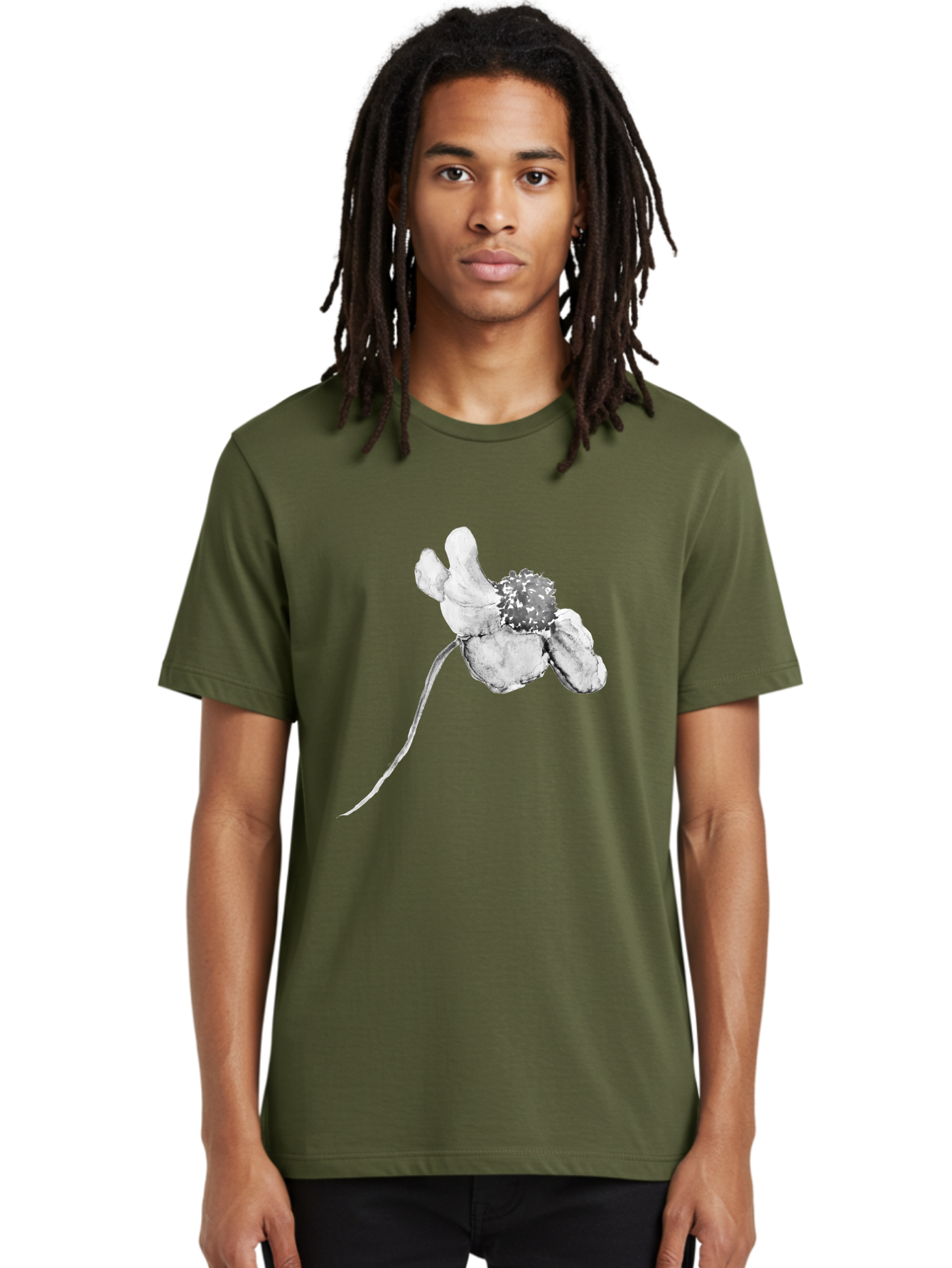 Hand-Drawn-Mouse Men'S Graphic Tee, 100% Cotton, Comfortable Casual Summer Wear, Machine Washable, White Flower, Minimalist Design, Simple Graphics, Digital Illustration, Flower Graphic, Elegant, Modern Art, Clean Lines, Abstract Flower Aac320