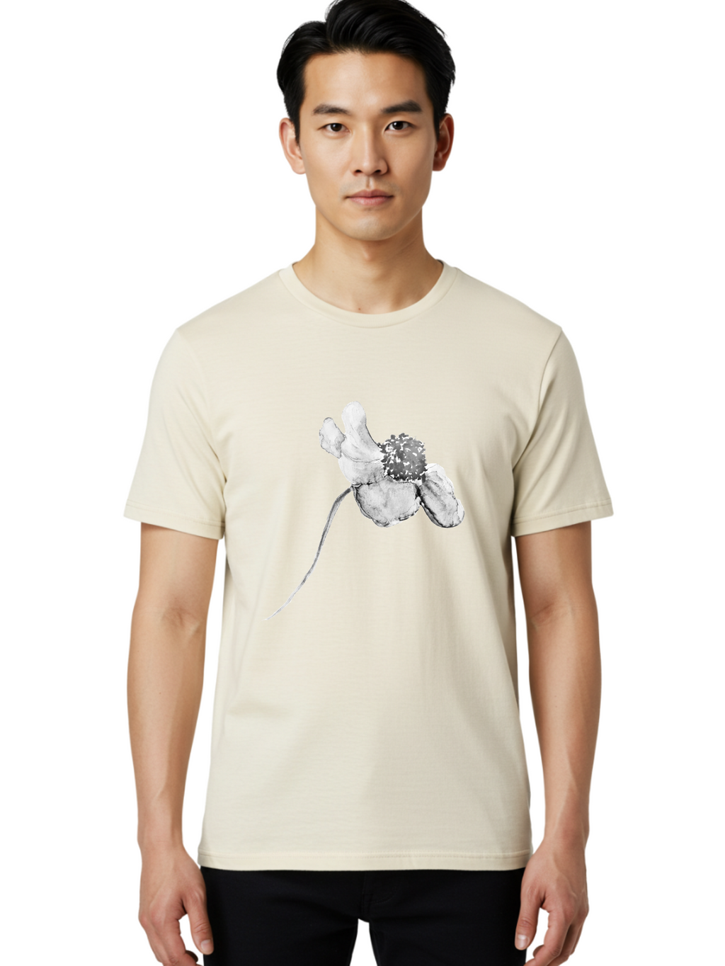 Hand-Drawn-Mouse Men'S Graphic Tee, 100% Cotton, Comfortable Casual Summer Wear, Machine Washable, White Flower, Minimalist Design, Simple Graphics, Digital Illustration, Flower Graphic, Elegant, Modern Art, Clean Lines, Abstract Flower Aac320