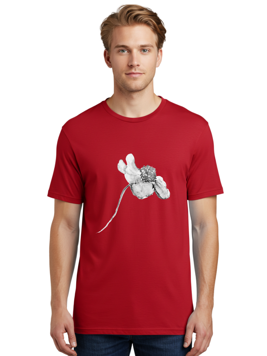 Hand-Drawn-Mouse Men'S Graphic Tee, 100% Cotton, Comfortable Casual Summer Wear, Machine Washable, White Flower, Minimalist Design, Simple Graphics, Digital Illustration, Flower Graphic, Elegant, Modern Art, Clean Lines, Abstract Flower Aac320