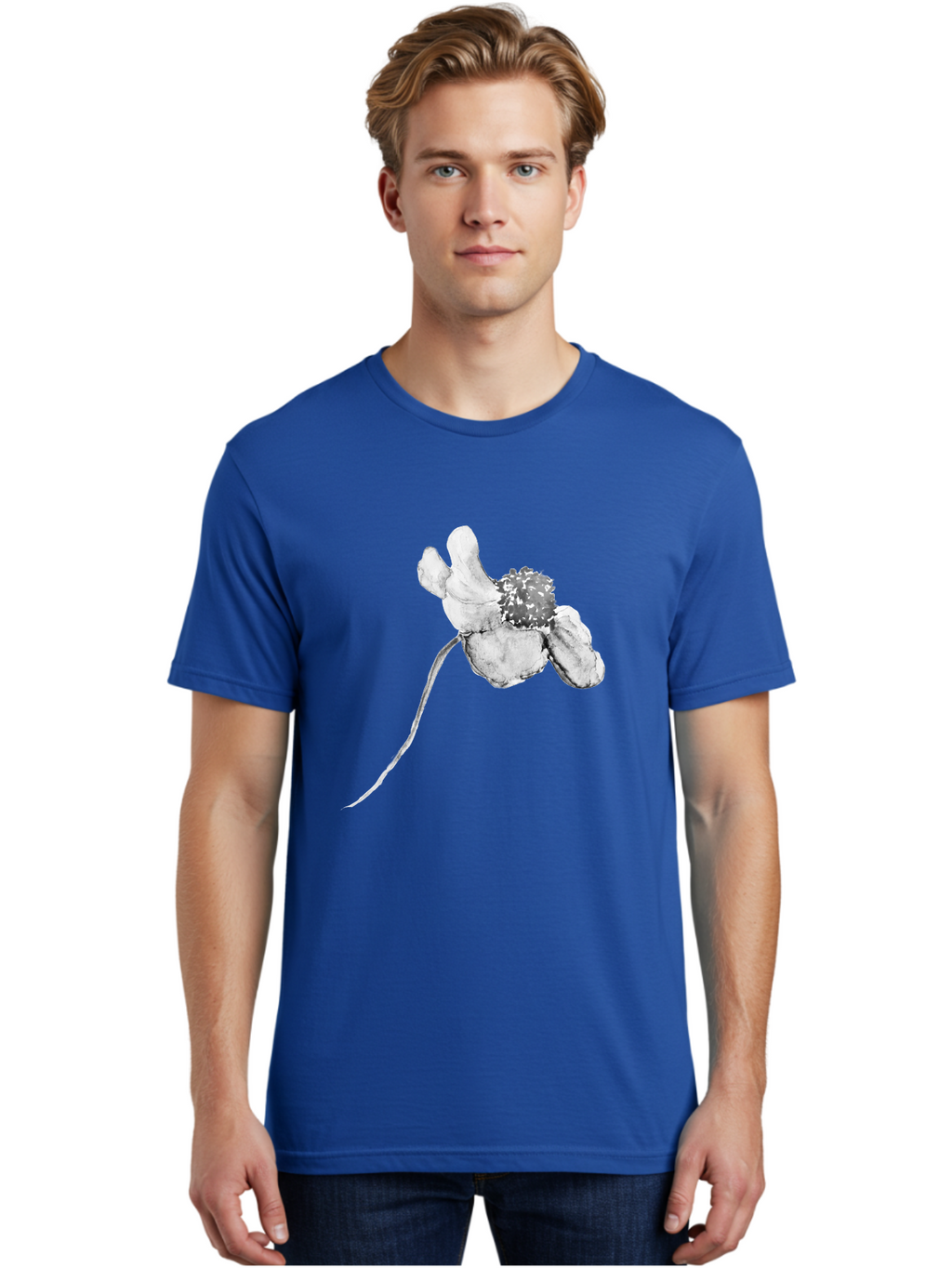 Hand-Drawn-Mouse Men'S Graphic Tee, 100% Cotton, Comfortable Casual Summer Wear, Machine Washable, White Flower, Minimalist Design, Simple Graphics, Digital Illustration, Flower Graphic, Elegant, Modern Art, Clean Lines, Abstract Flower Aac320