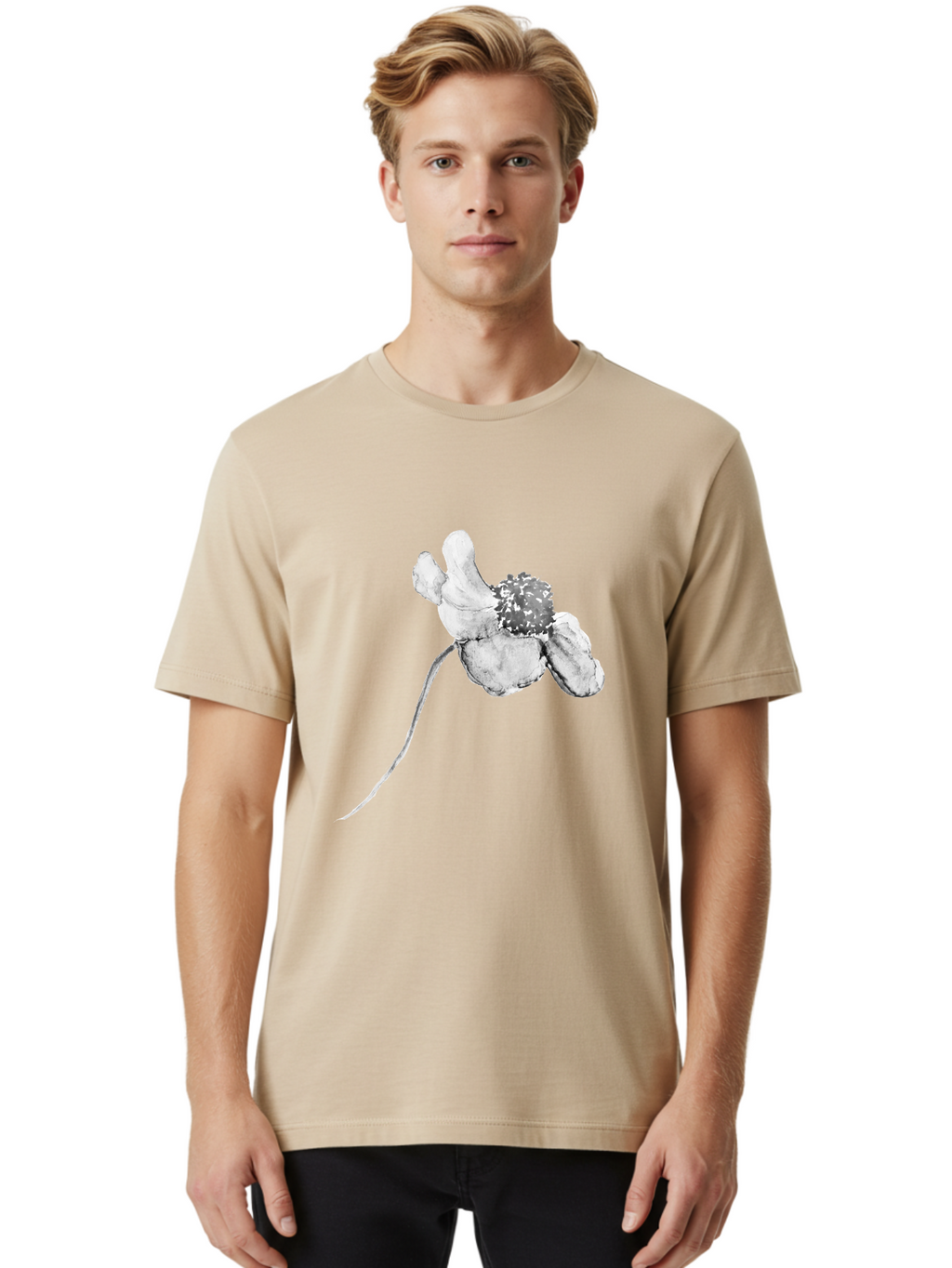 Hand-Drawn-Mouse Men'S Graphic Tee, 100% Cotton, Comfortable Casual Summer Wear, Machine Washable, White Flower, Minimalist Design, Simple Graphics, Digital Illustration, Flower Graphic, Elegant, Modern Art, Clean Lines, Abstract Flower Aac320