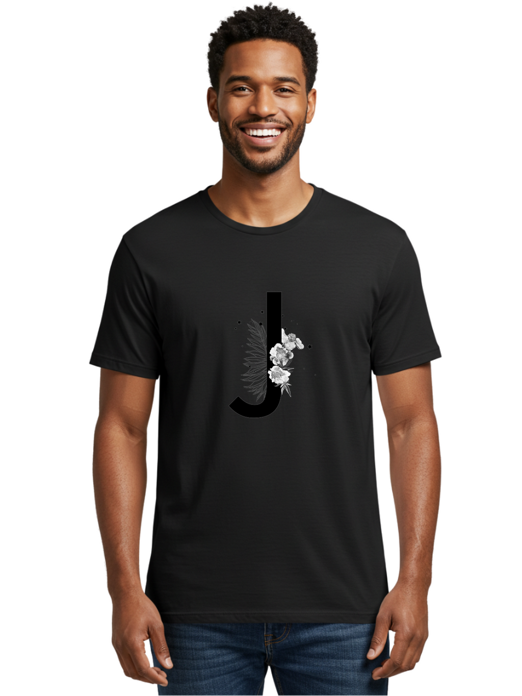 J Men'S Graphic Tee, 100% Cotton, Comfortable Casual Summer Wear, Machine Washable, Black Letter J, Floral Design, White Flowers, Artistic Typography, Elegant Lettering, Decorative Alphabet, Floral Arrangement, Creative Graphics, Aac328