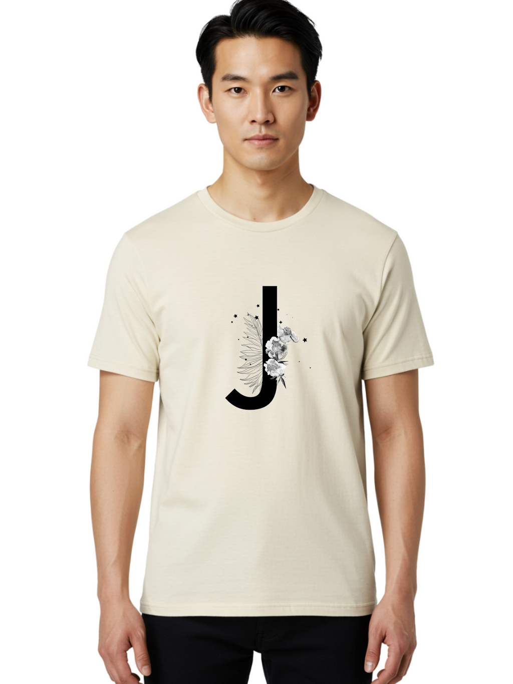 J Men'S Graphic Tee, 100% Cotton, Comfortable Casual Summer Wear, Machine Washable, Black Letter J, Floral Design, White Flowers, Artistic Typography, Elegant Lettering, Decorative Alphabet, Floral Arrangement, Creative Graphics, Aac328