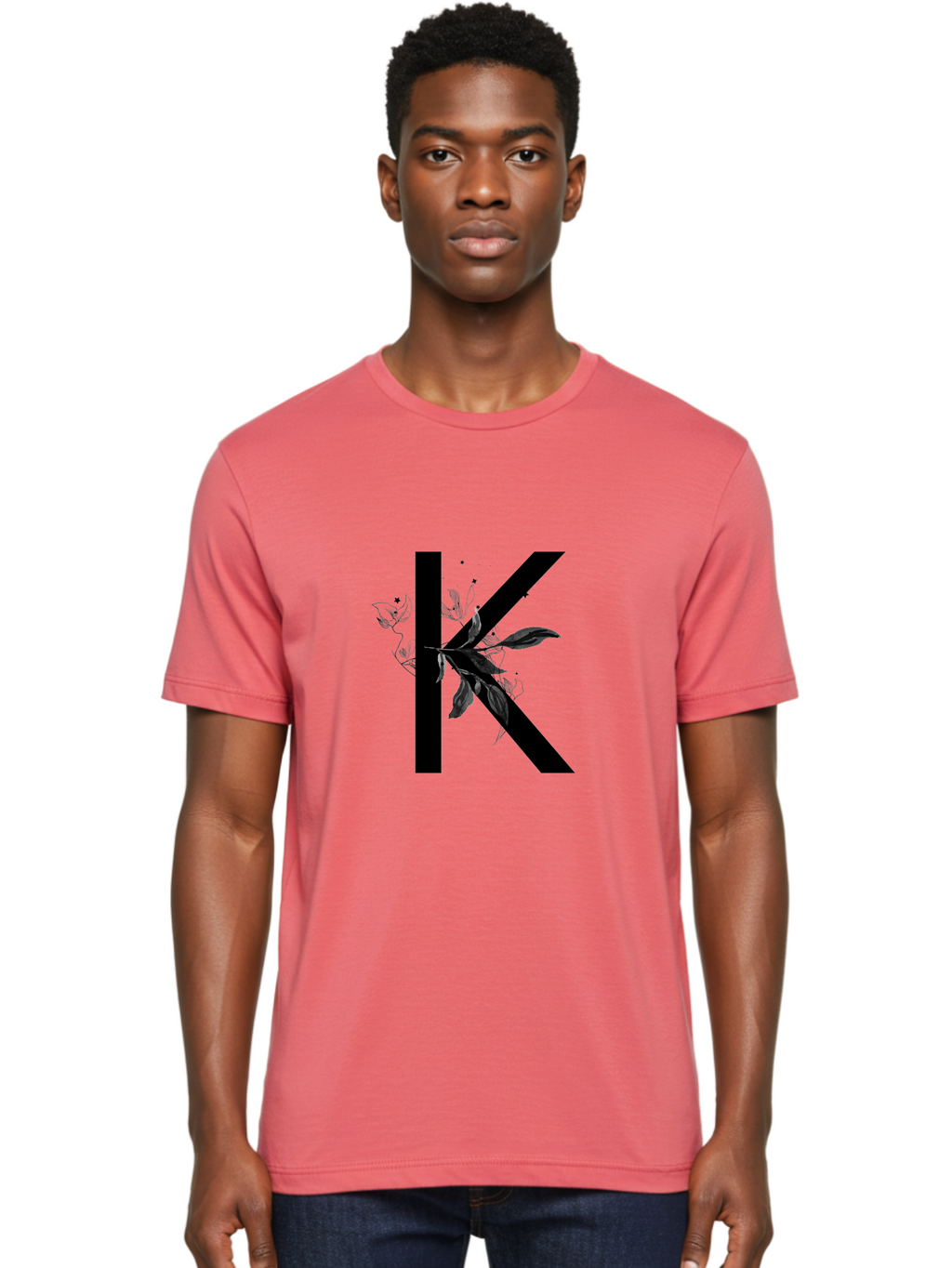 K Men'S Graphic Tee, 100% Cotton, Comfortable Casual Summer Wear, Machine Washable, Floral Letter K, Black Lettering, Leafy Design, Botanical Elements, Elegant Typography, Decorative Alphabet, Modern Floral Aac329