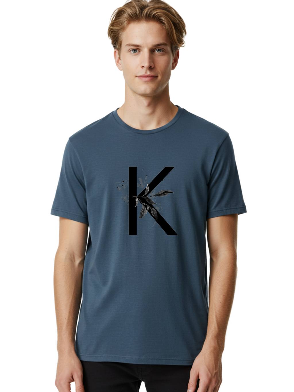 K Men'S Graphic Tee, 100% Cotton, Comfortable Casual Summer Wear, Machine Washable, Floral Letter K, Black Lettering, Leafy Design, Botanical Elements, Elegant Typography, Decorative Alphabet, Modern Floral Aac329