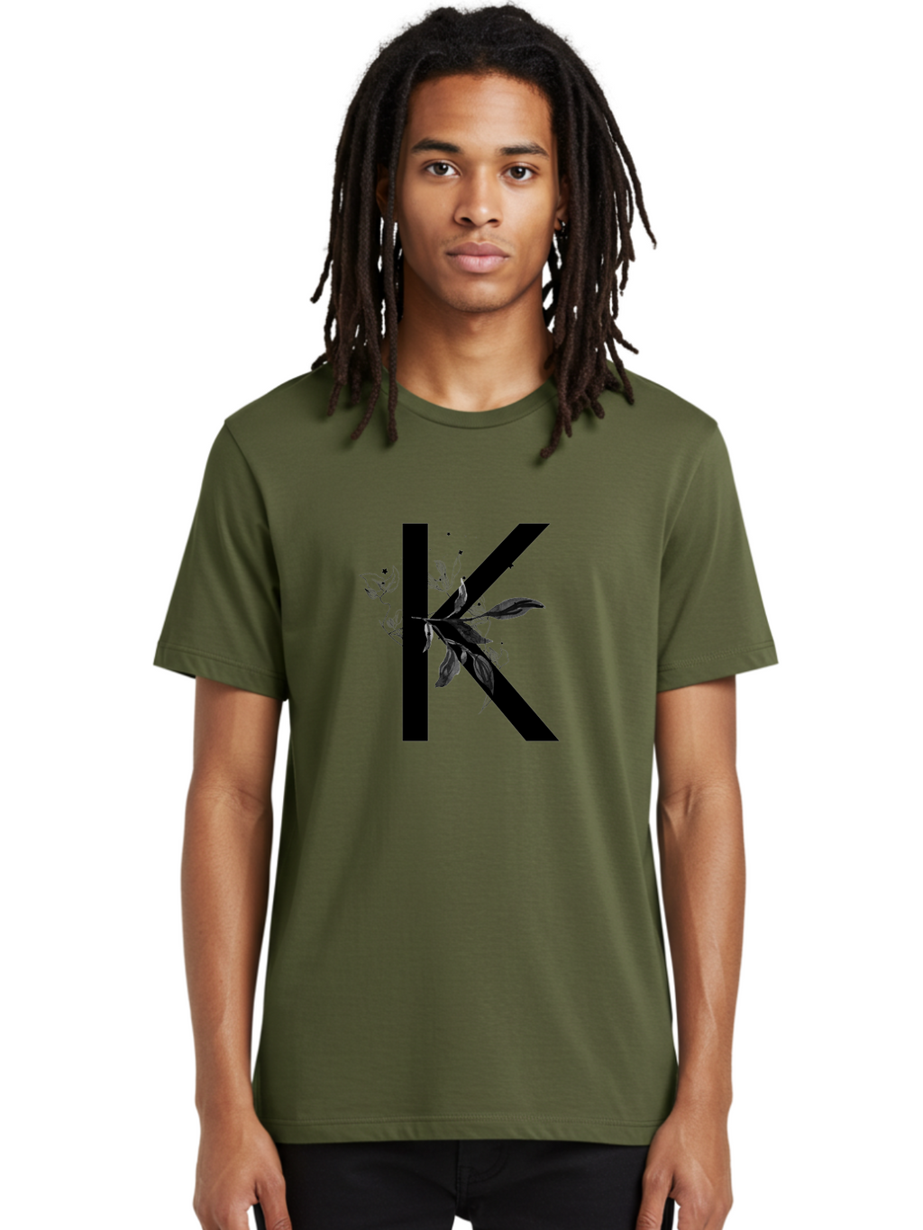 K Men'S Graphic Tee, 100% Cotton, Comfortable Casual Summer Wear, Machine Washable, Floral Letter K, Black Lettering, Leafy Design, Botanical Elements, Elegant Typography, Decorative Alphabet, Modern Floral Aac329