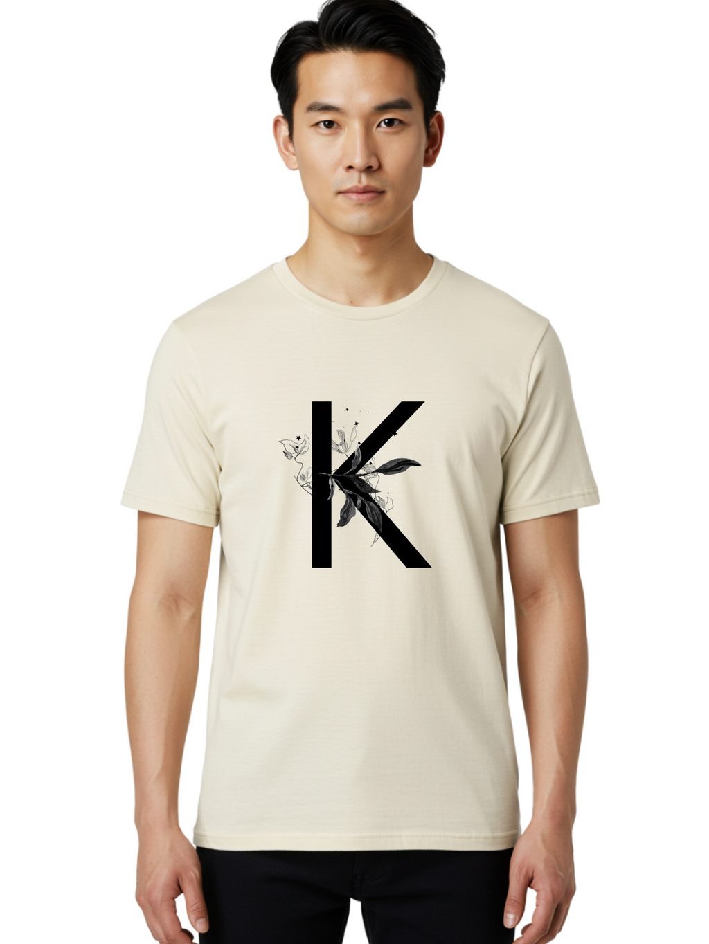 K Men'S Graphic Tee, 100% Cotton, Comfortable Casual Summer Wear, Machine Washable, Floral Letter K, Black Lettering, Leafy Design, Botanical Elements, Elegant Typography, Decorative Alphabet, Modern Floral Aac329