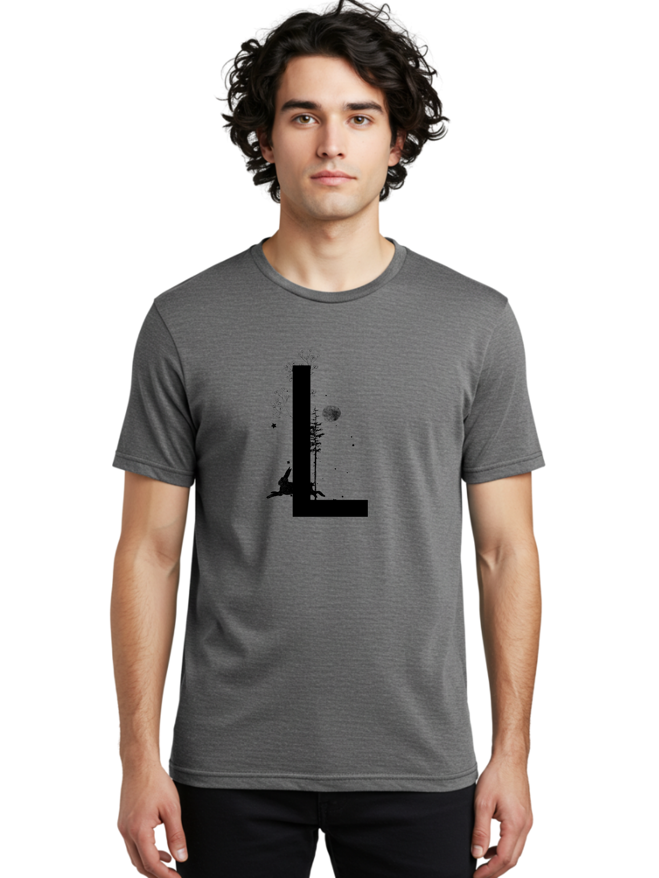 L Men'S Graphic Tee, 100% Cotton, Comfortable Casual Summer Wear, Machine Washable, Silhouette Of Letter L, Mystical Atmosphere, Nighttime Scenery, Full Moon, Stars, Flowers, Abstract Art, Dreamy Landscape, Magical Realism Aac330