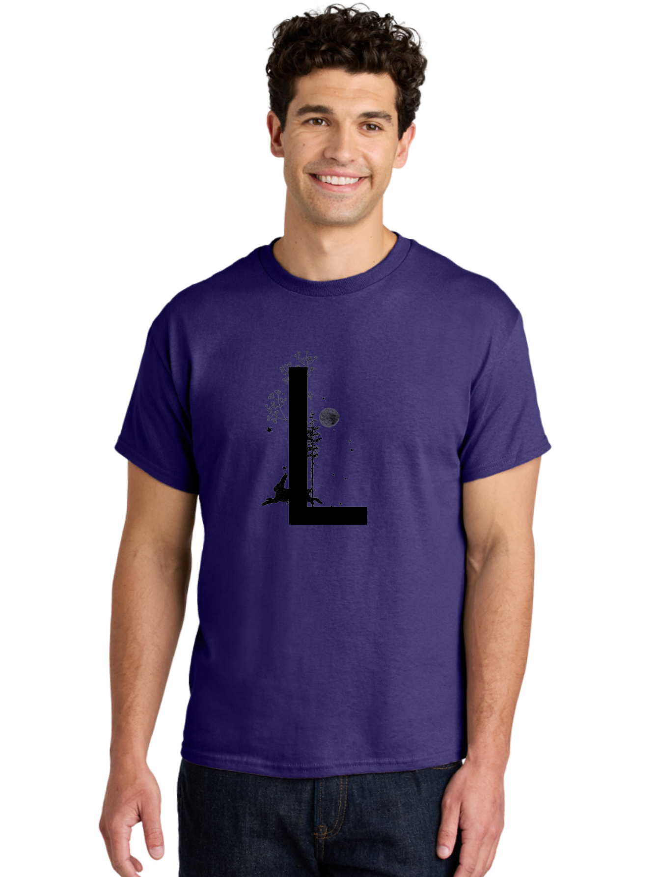 L Men'S Graphic Tee, 100% Cotton, Comfortable Casual Summer Wear, Machine Washable, Silhouette Of Letter L, Mystical Atmosphere, Nighttime Scenery, Full Moon, Stars, Flowers, Abstract Art, Dreamy Landscape, Magical Realism Aac330