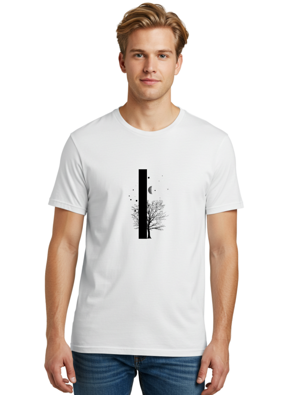 Letter-I Men'S Graphic Tee, 100% Cotton, Comfortable Casual Summer Wear, Machine Washable, Letter I, Tree Silhouette, Moon And Stars, Night Sky, Celestial Design, Typography, Minimalist Art, Simple Shapes, Bold Graphics, Abstract Illustration Aac334