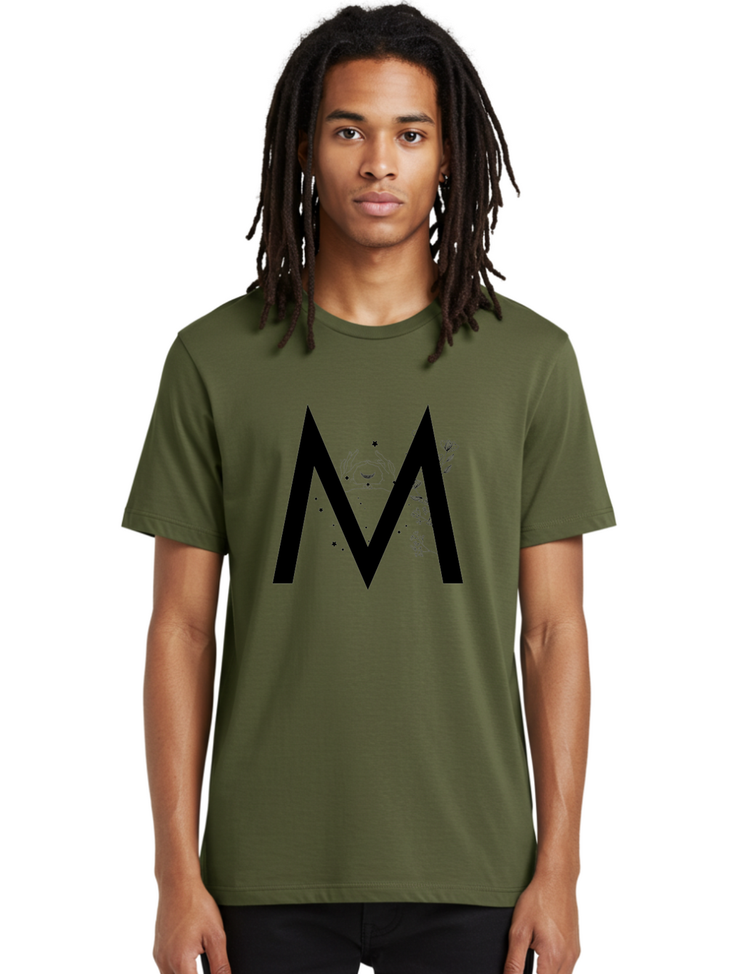 M Men'S Graphic Tee, 100% Cotton, Comfortable Casual Summer Wear, Machine Washable, Mystical M, Black Lettering, Stars, Flowers, Mystical Imagery, Spiritual Symbolism, Celestial Design, Bohemian Style, Modern Mysticism, Dreamy Atmosphere Aac335
