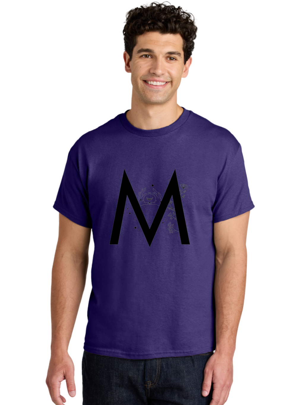M Men'S Graphic Tee, 100% Cotton, Comfortable Casual Summer Wear, Machine Washable, Mystical M, Black Lettering, Stars, Flowers, Mystical Imagery, Spiritual Symbolism, Celestial Design, Bohemian Style, Modern Mysticism, Dreamy Atmosphere Aac335