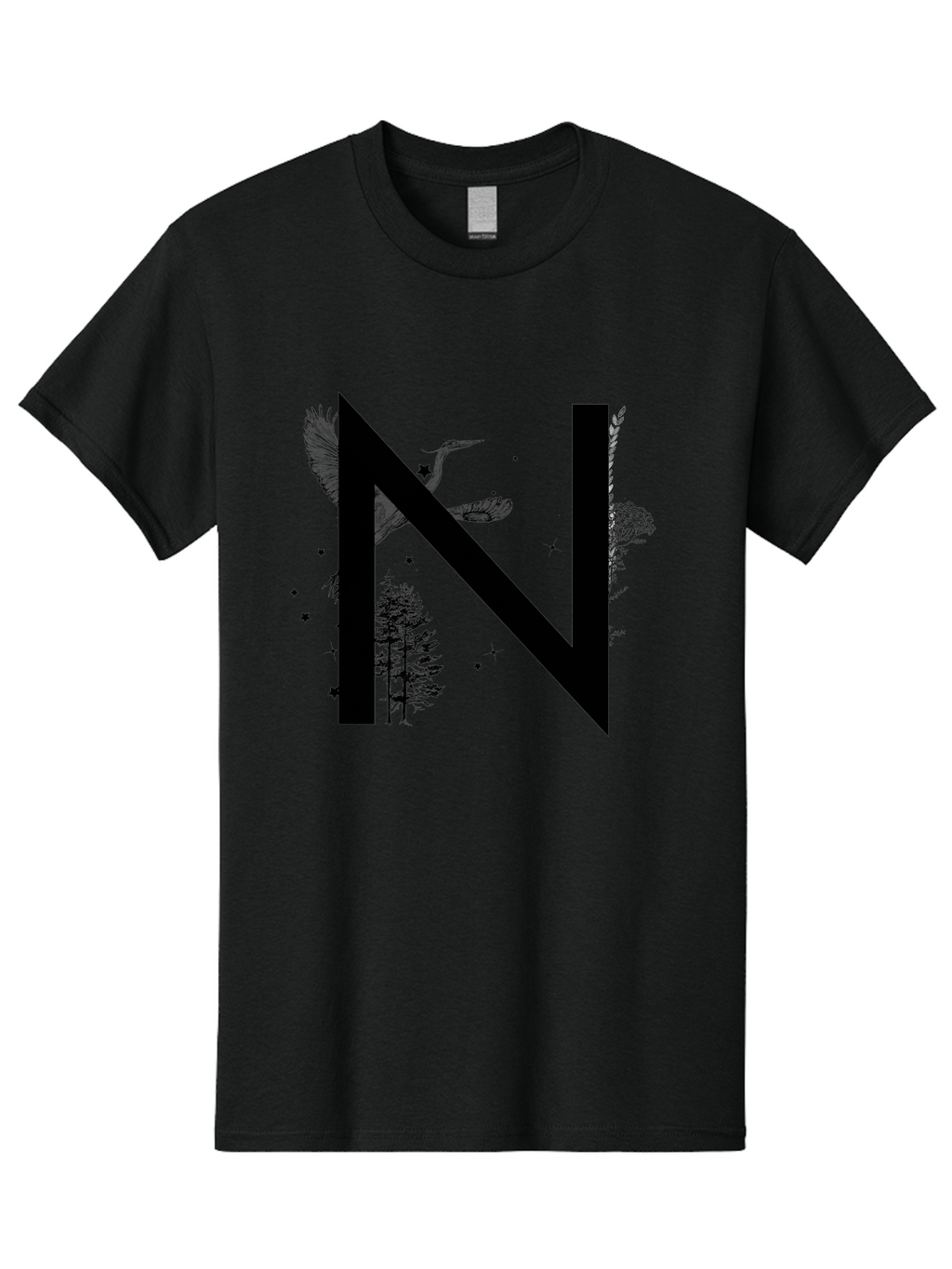 N Men'S Graphic Tee, 100% Cotton, Comfortable Casual Summer Wear, Machine Washable, Stylish N Letter, Logo Design, Nature Inspired, Black Lettering, Floral Elements, Birds In Flight, Stars, Trees, Foliage, Symbolism, Creative Typography Aac338