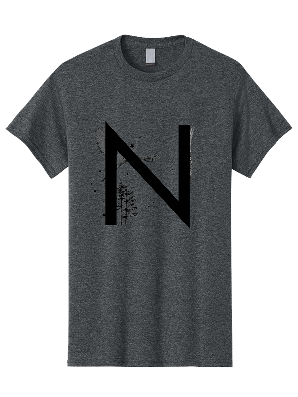 N Men'S Graphic Tee, 100% Cotton, Comfortable Casual Summer Wear, Machine Washable, Stylish N Letter, Logo Design, Nature Inspired, Black Lettering, Floral Elements, Birds In Flight, Stars, Trees, Foliage, Symbolism, Creative Typography Aac338