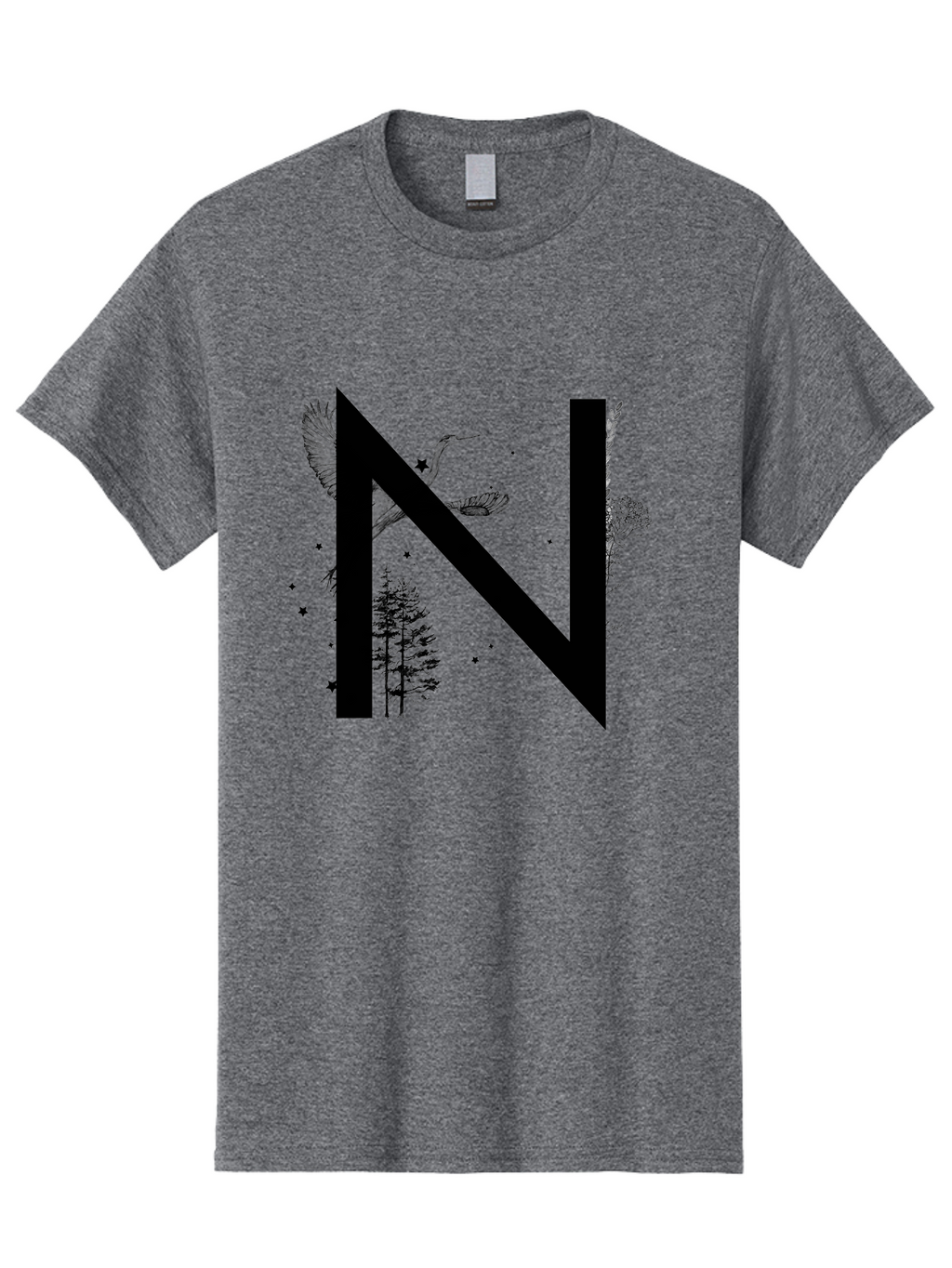 N Men'S Graphic Tee, 100% Cotton, Comfortable Casual Summer Wear, Machine Washable, Stylish N Letter, Logo Design, Nature Inspired, Black Lettering, Floral Elements, Birds In Flight, Stars, Trees, Foliage, Symbolism, Creative Typography Aac338