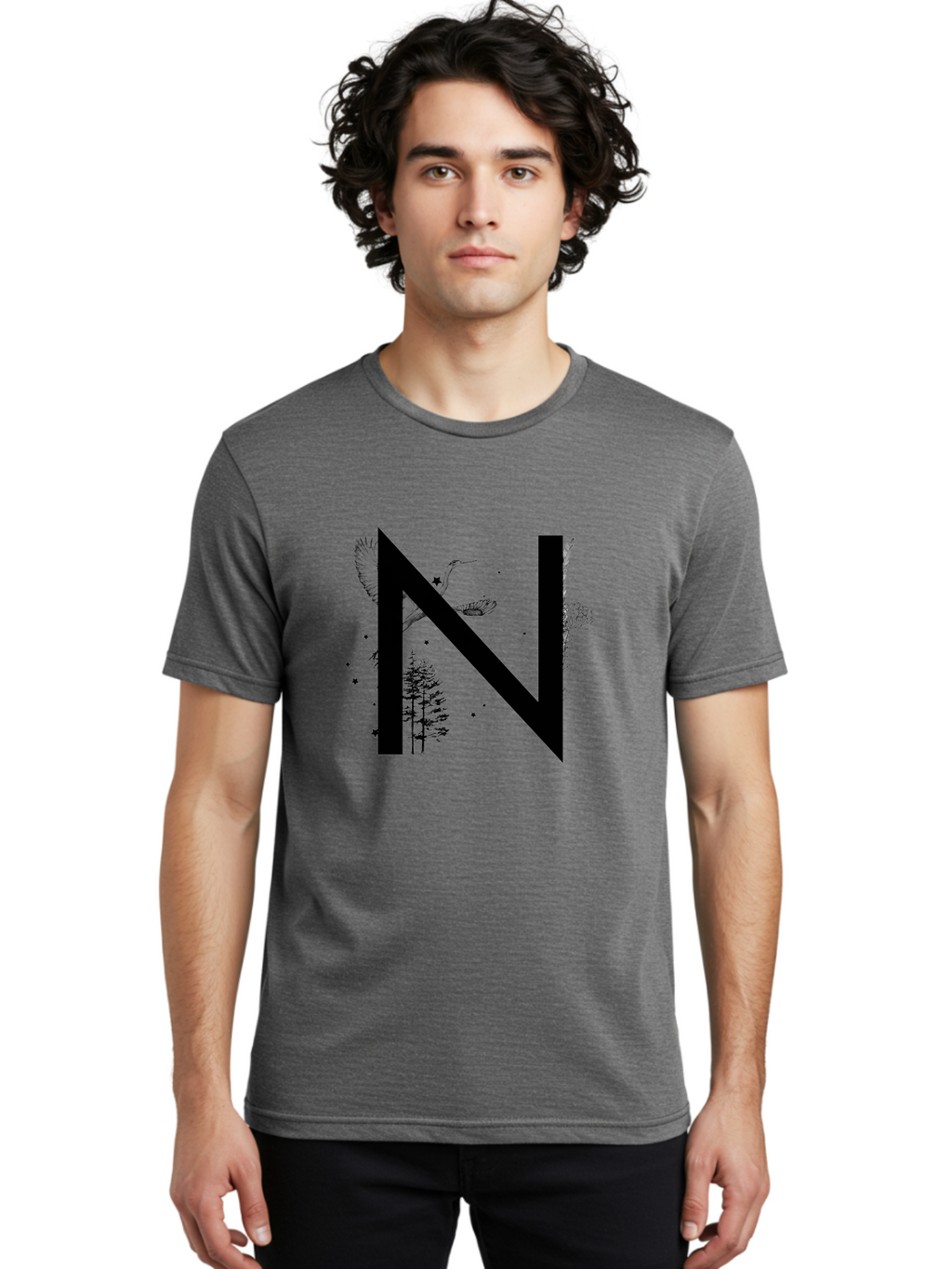 N Men'S Graphic Tee, 100% Cotton, Comfortable Casual Summer Wear, Machine Washable, Stylish N Letter, Logo Design, Nature Inspired, Black Lettering, Floral Elements, Birds In Flight, Stars, Trees, Foliage, Symbolism, Creative Typography Aac338