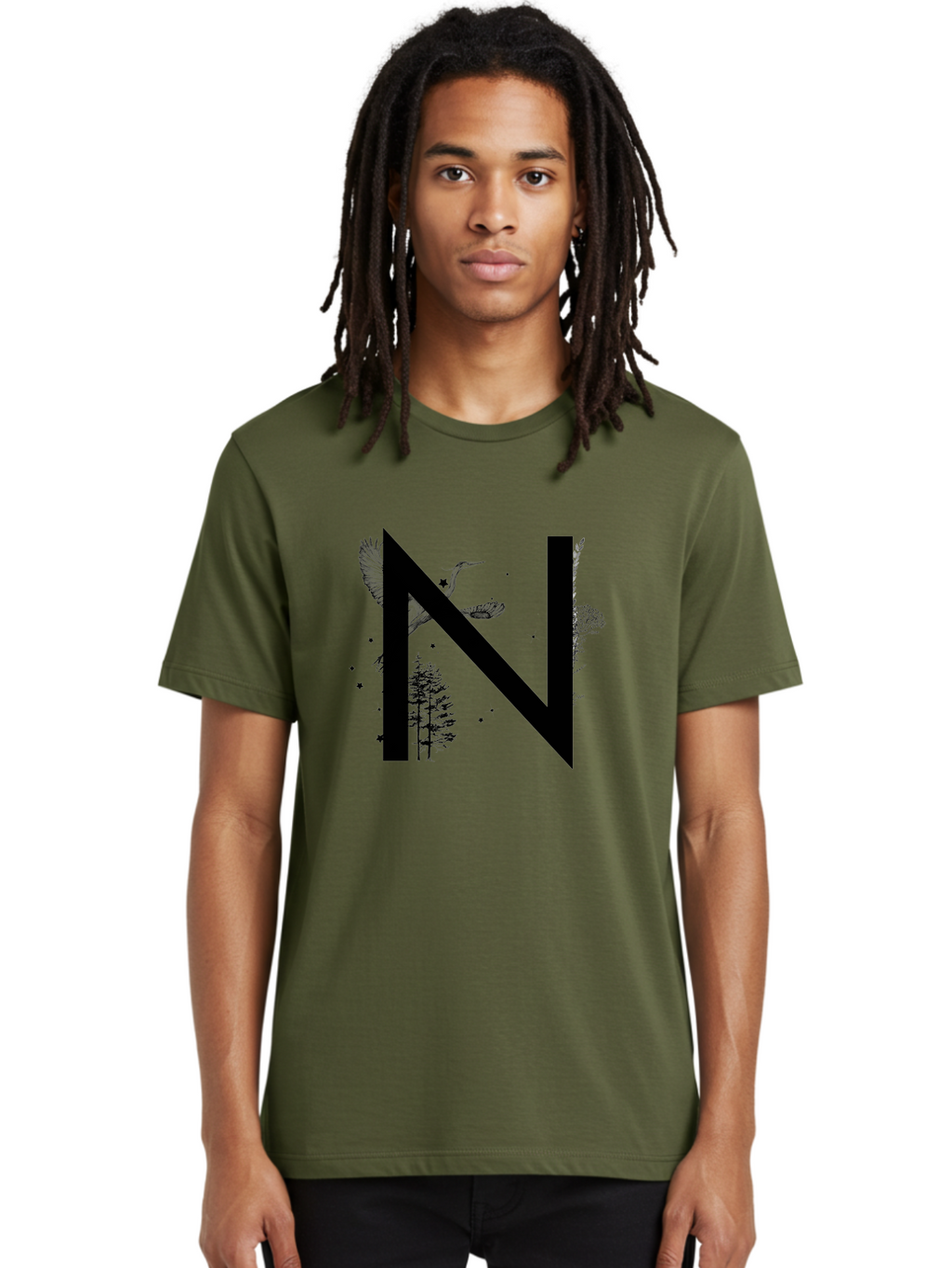 N Men'S Graphic Tee, 100% Cotton, Comfortable Casual Summer Wear, Machine Washable, Stylish N Letter, Logo Design, Nature Inspired, Black Lettering, Floral Elements, Birds In Flight, Stars, Trees, Foliage, Symbolism, Creative Typography Aac338