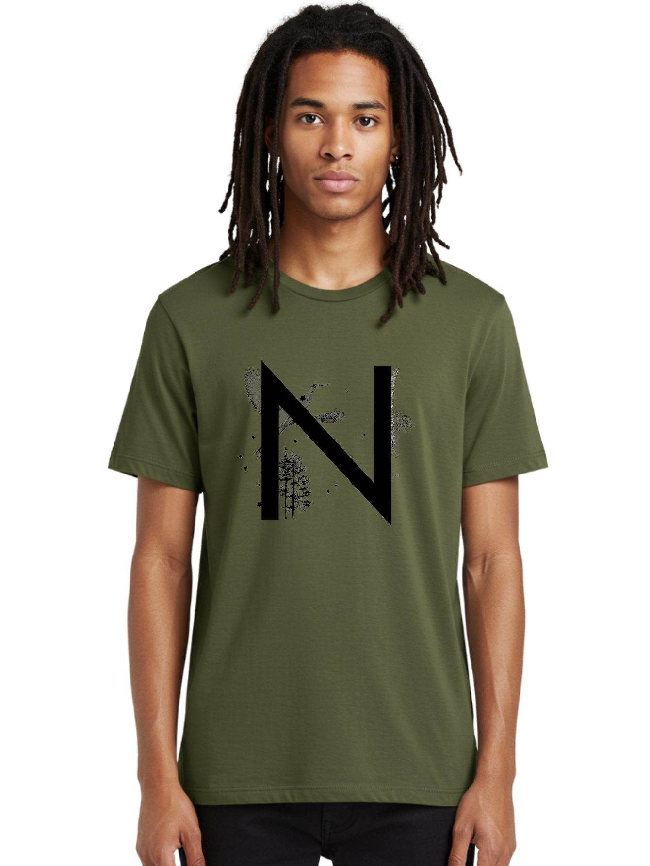 N Men'S Graphic Tee, 100% Cotton, Comfortable Casual Summer Wear, Machine Washable, Stylish N Letter, Logo Design, Nature Inspired, Black Lettering, Floral Elements, Birds In Flight, Stars, Trees, Foliage, Symbolism, Creative Typography Aac338
