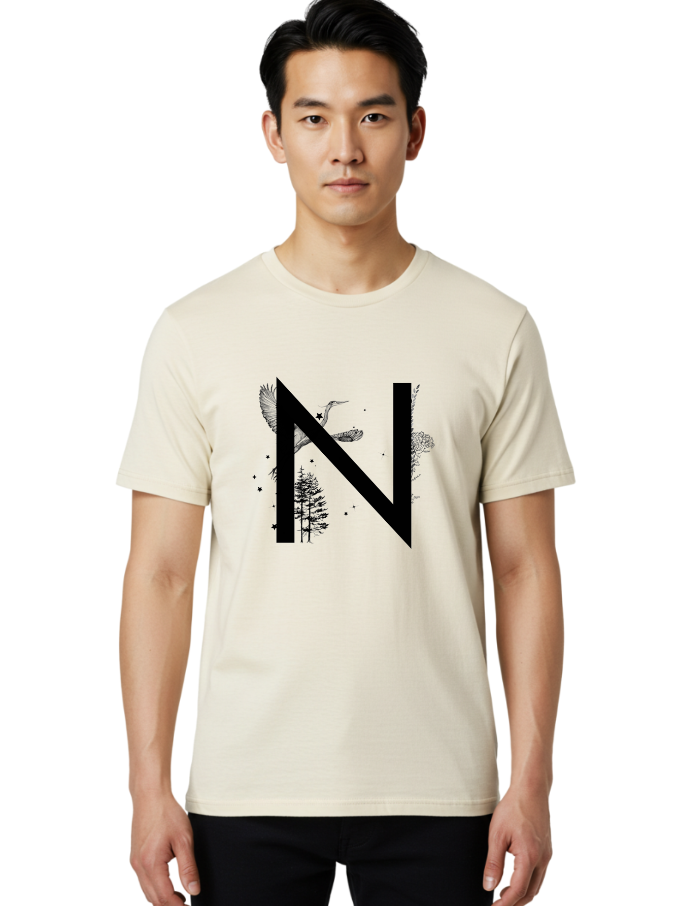 N Men'S Graphic Tee, 100% Cotton, Comfortable Casual Summer Wear, Machine Washable, Stylish N Letter, Logo Design, Nature Inspired, Black Lettering, Floral Elements, Birds In Flight, Stars, Trees, Foliage, Symbolism, Creative Typography Aac338