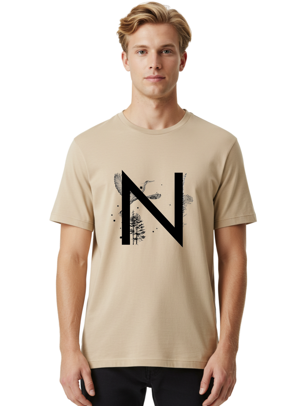 N Men'S Graphic Tee, 100% Cotton, Comfortable Casual Summer Wear, Machine Washable, Stylish N Letter, Logo Design, Nature Inspired, Black Lettering, Floral Elements, Birds In Flight, Stars, Trees, Foliage, Symbolism, Creative Typography Aac338