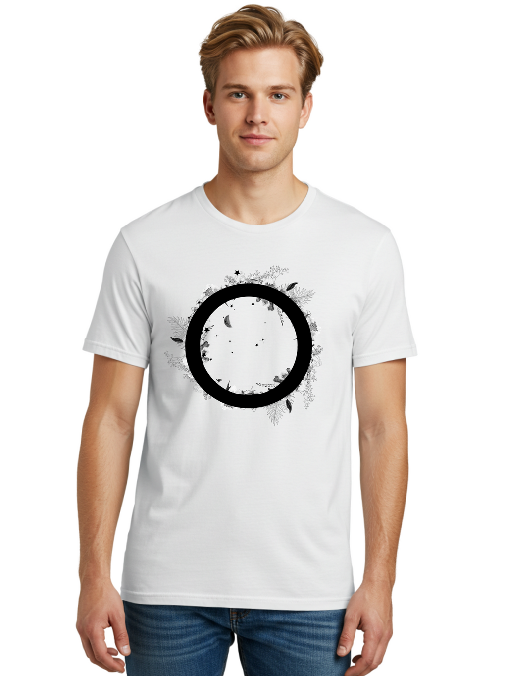 O Men'S Graphic Tee, 100% Cotton, Comfortable Casual Summer Wear, Machine Washable, Floral Wreath, Black Circle, Moon And Stars, White Flowers, Leaves And Foliage, Celestial Elements, Mystical Design Aac339